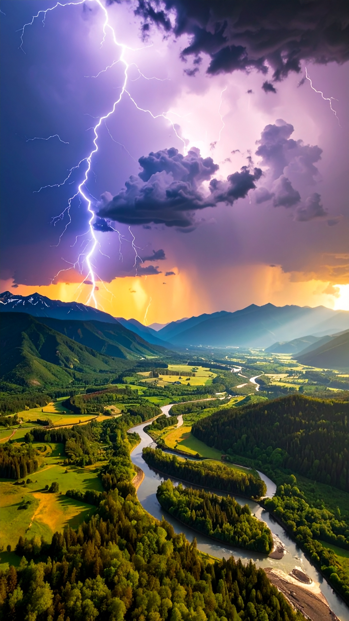 Epic panoramic landscape with layered mountain ranges, rivers winding through valleys, and dense mist covering forested areas separated by 5 layers. Dramatic stormy skies with vivid lightning bolts il