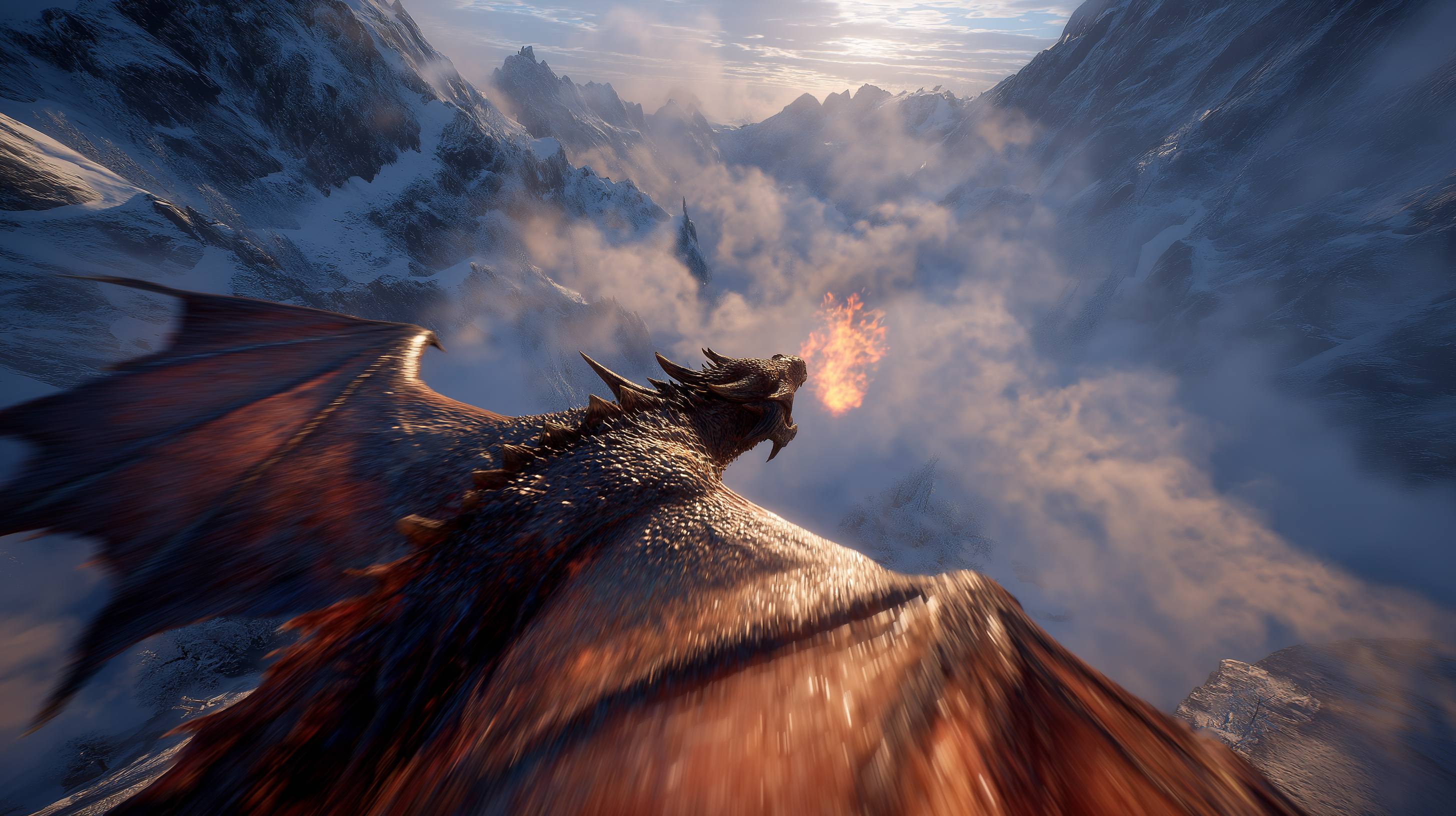 Epic Ultra-Realistic Fire Dragon Flight Over Mountain Range at Sunrise