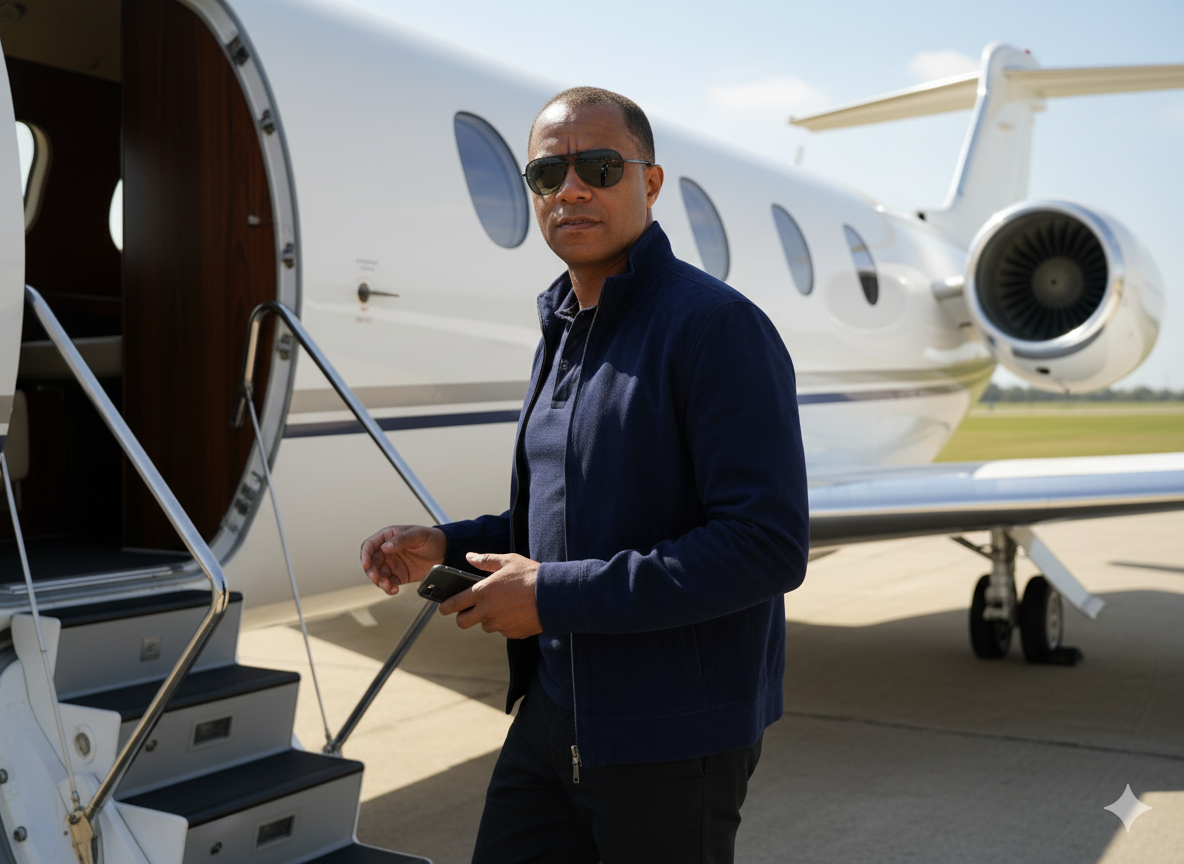 AI-Generated 4K Image: Stylish Man on Private Jet Staircase