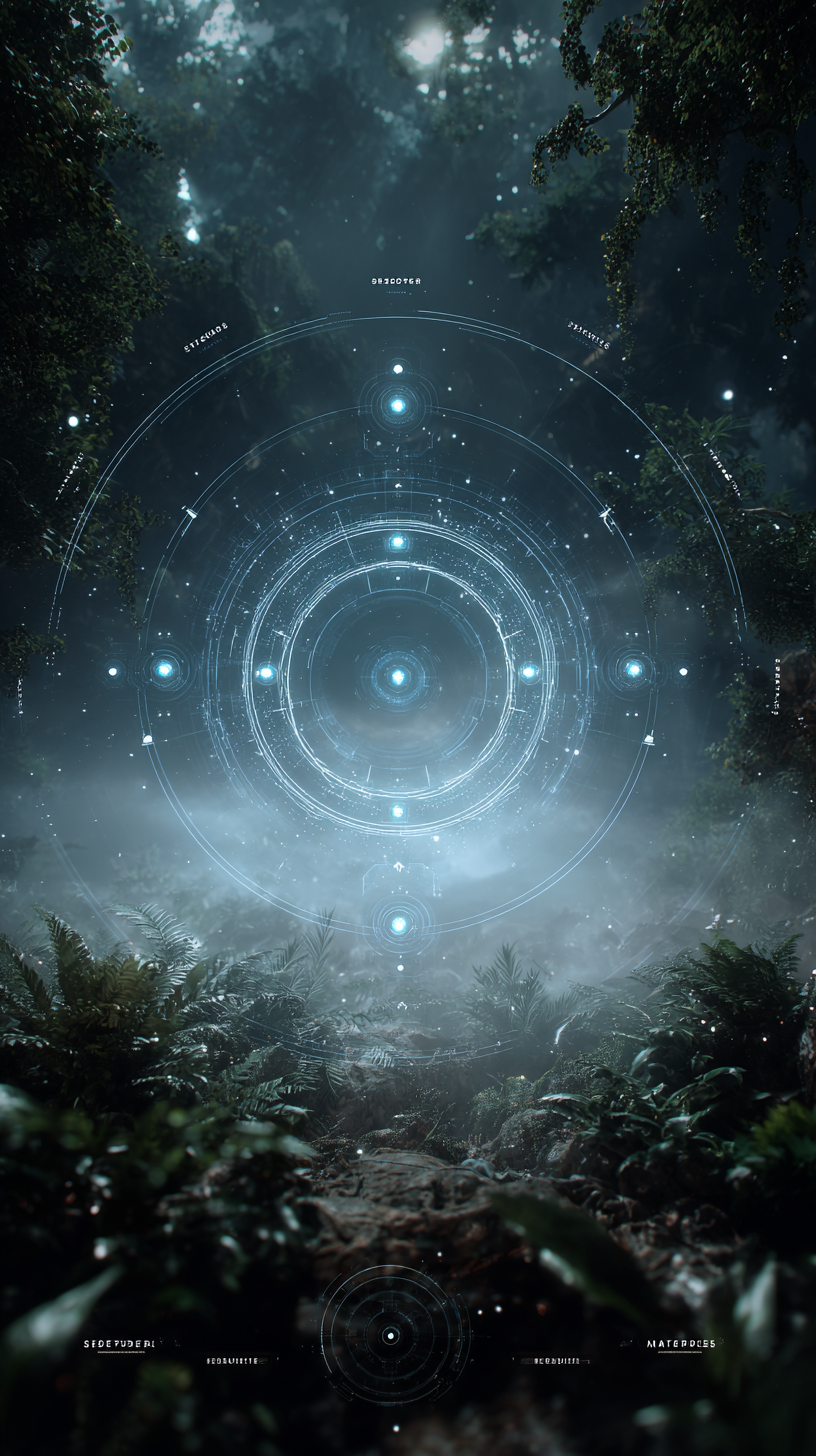 Ethereal Magical UI with Floating Icons and Glowing Rune Circle