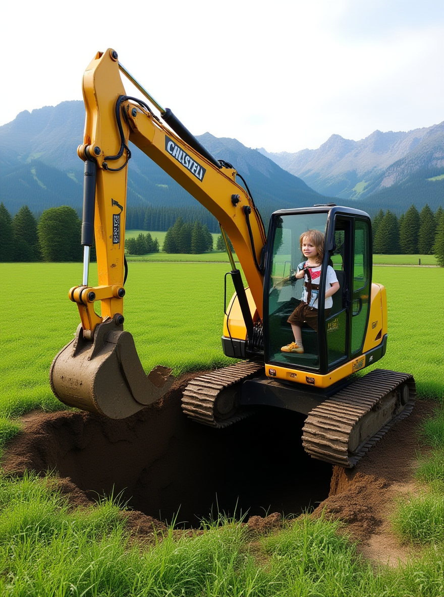 Excavator Digging in a Meadow with Mountain Background