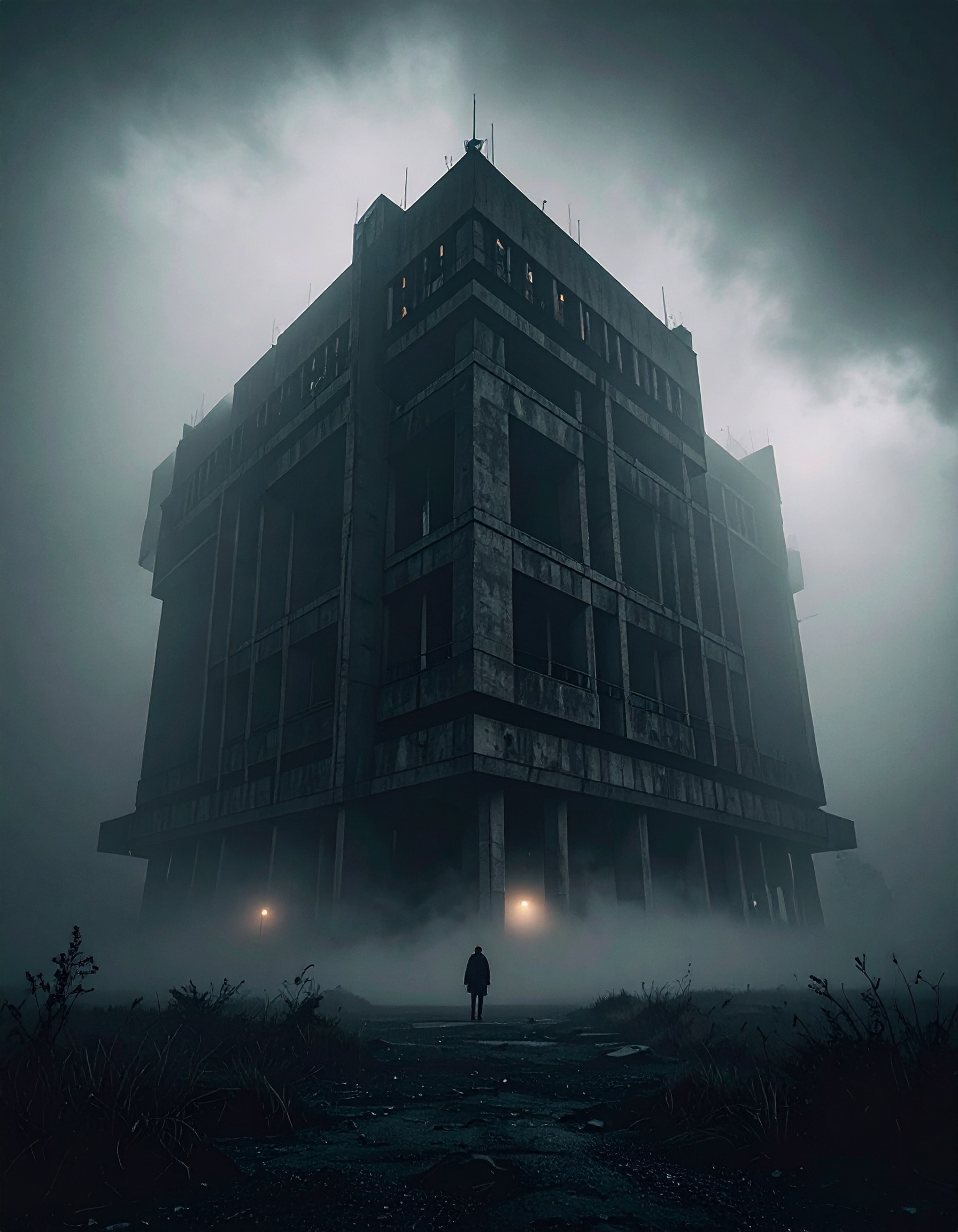 faint glow from lights on a brutalist-style building shining through foggy conditions, cinematic atmosphere, science fiction movie, 120 movie, doomsday, dark spacescape background