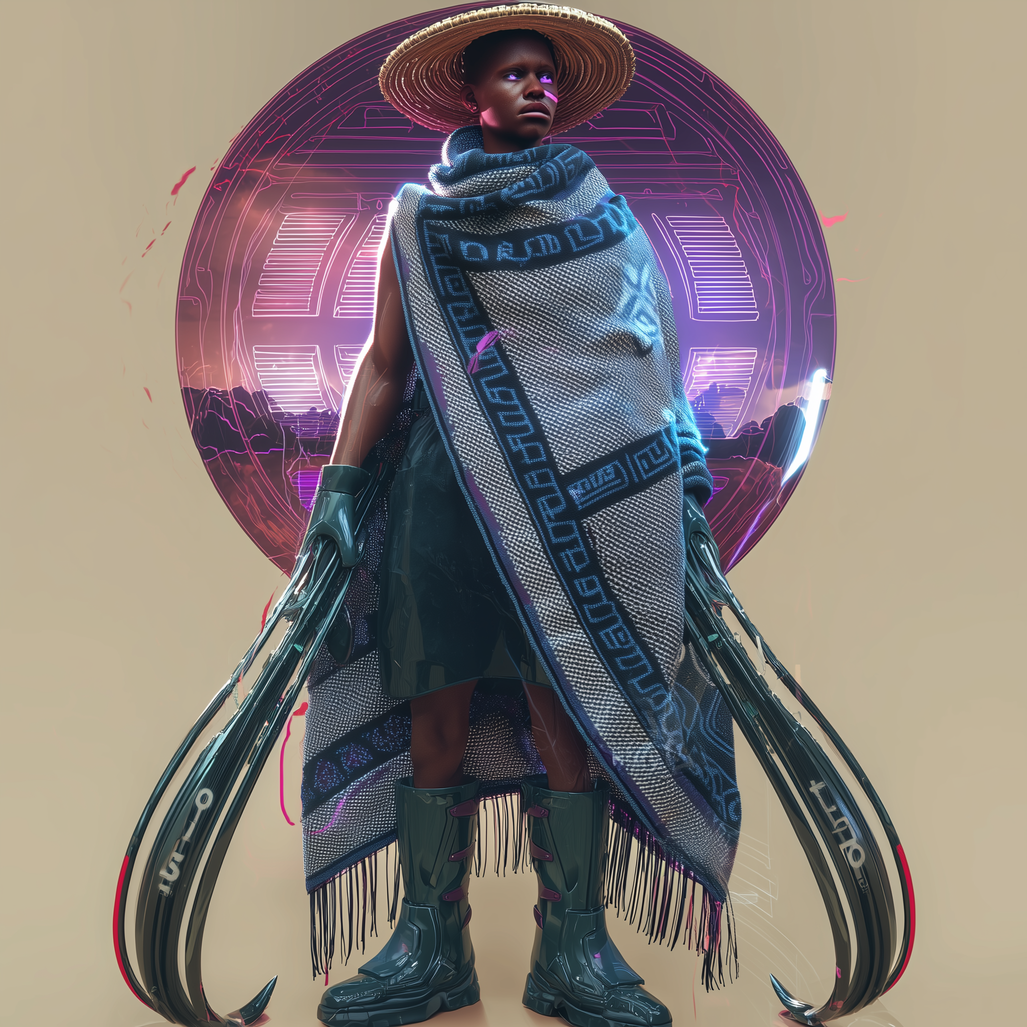 Fierce Basotho Warrior in a Cyberpunk Landscape