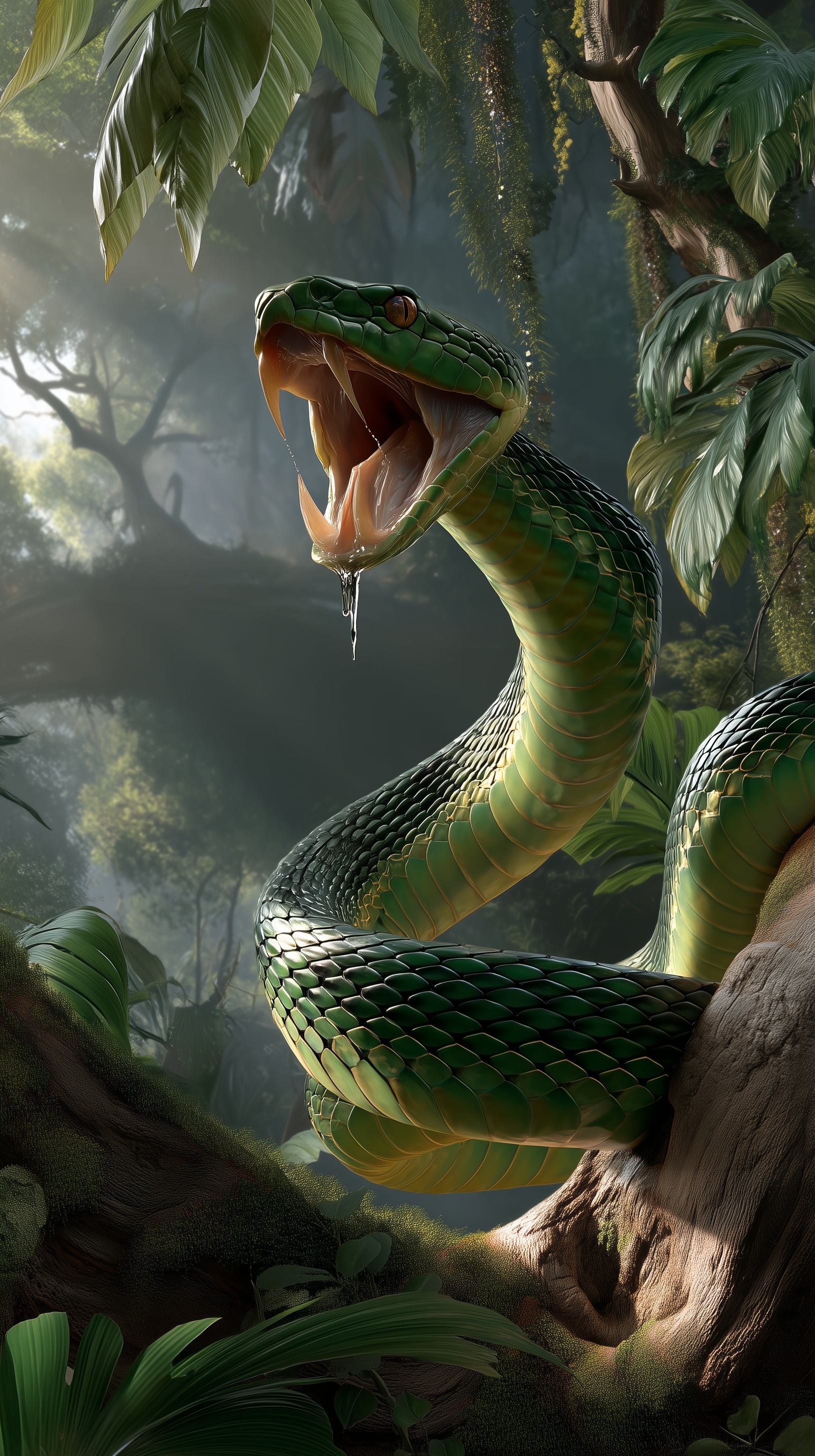 Fierce Emerald Snake in Lush Jungle Scene