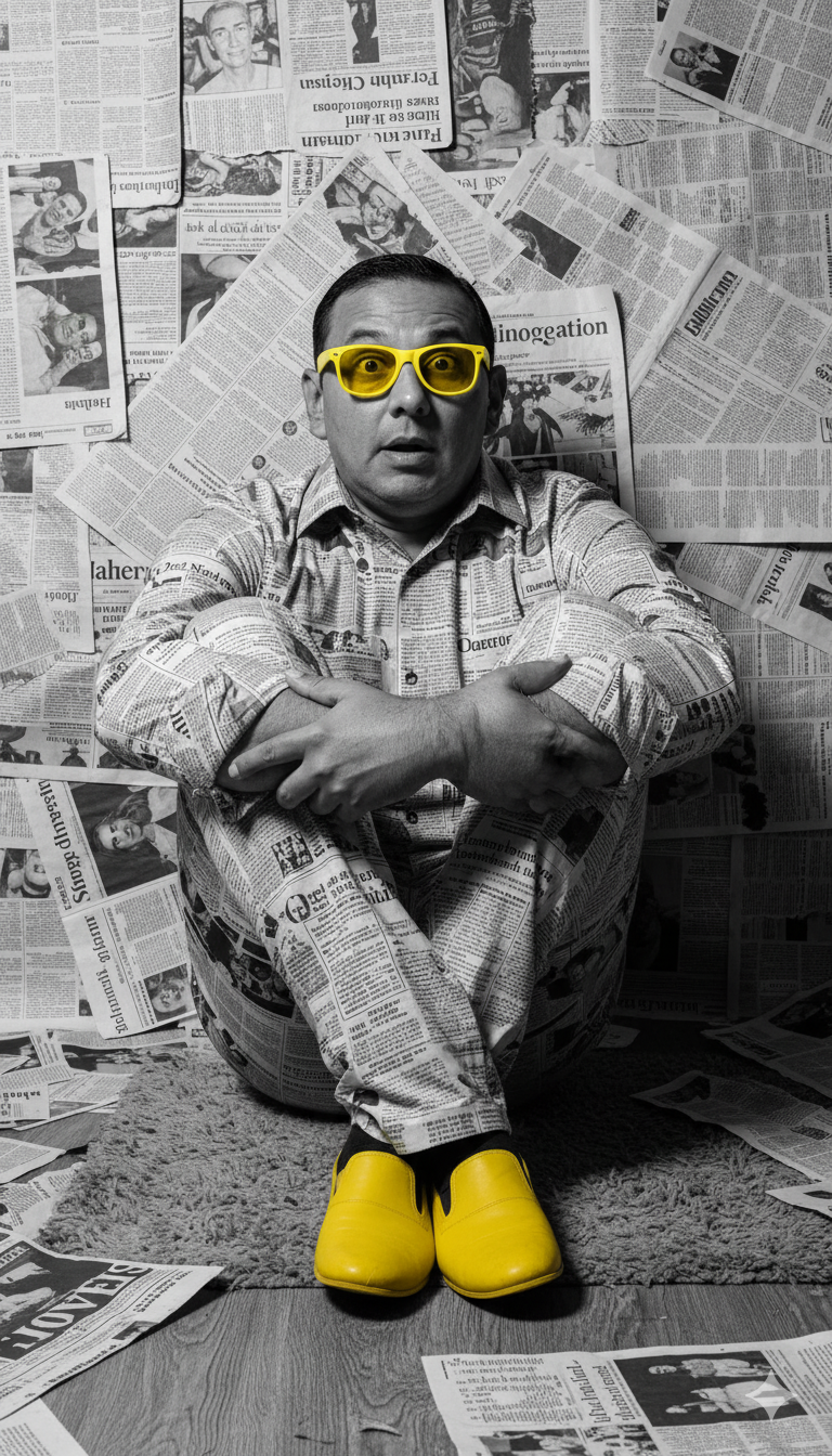 Monochromatic Man: Newspaper Backdrop with Yellow Accents