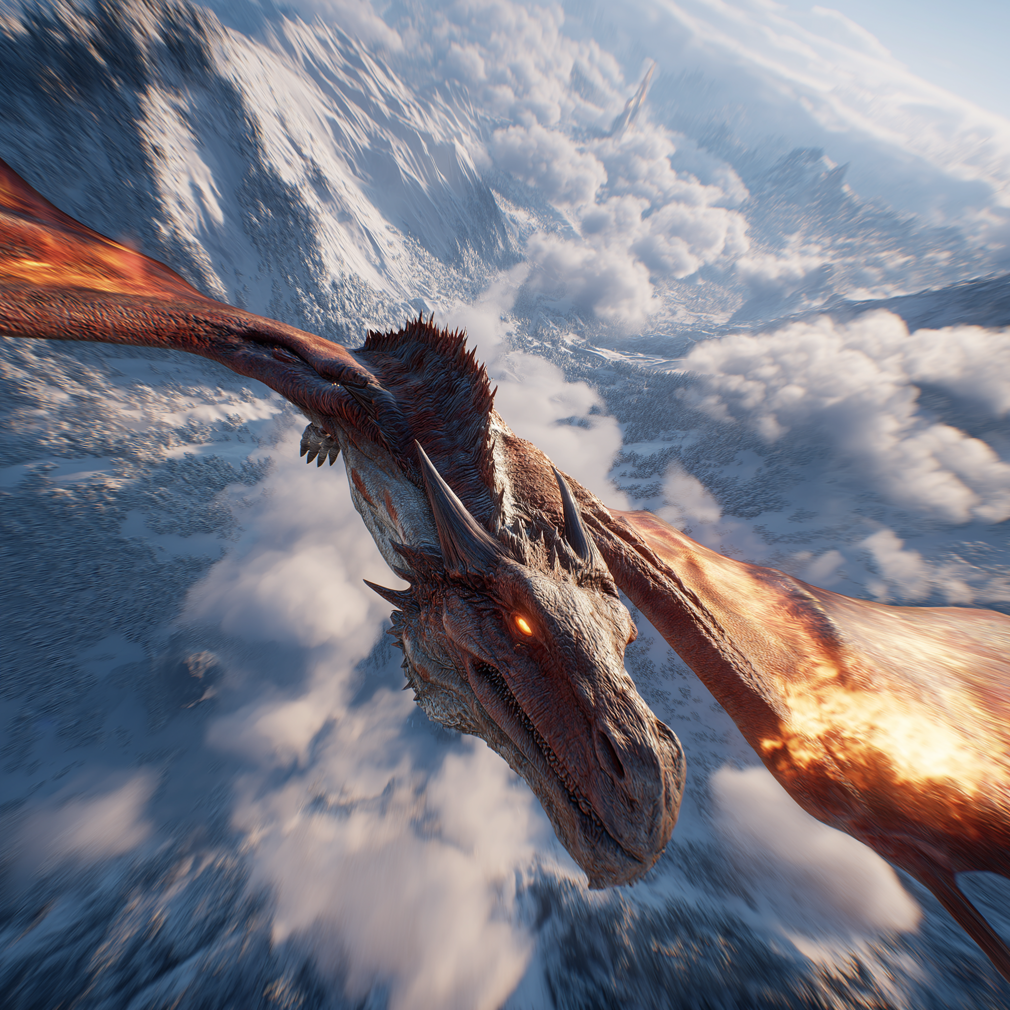 First-Person View Riding a Fire Dragon Over Snowy Mountains at Sunrise