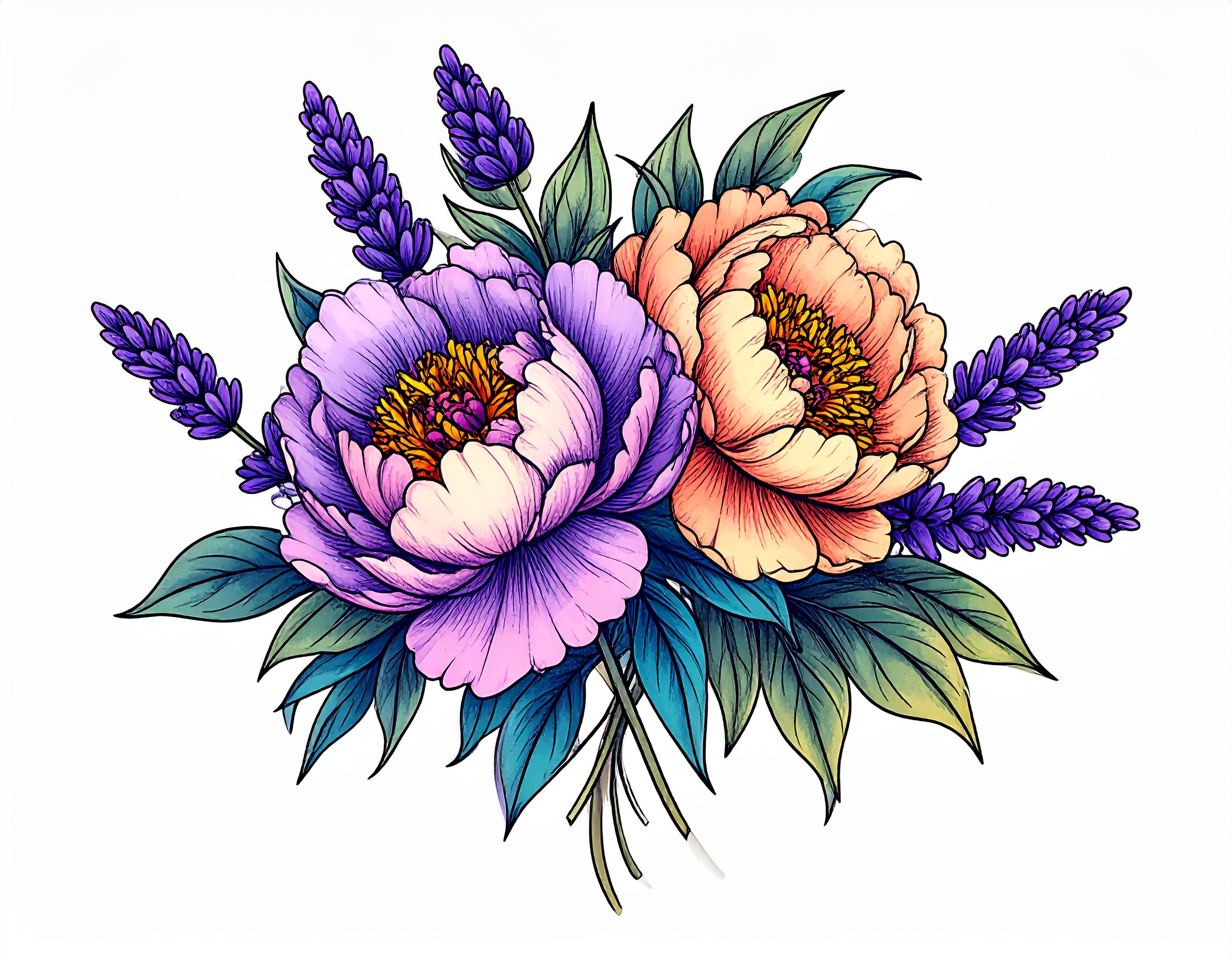 Peony and Lavender Tattoo Design