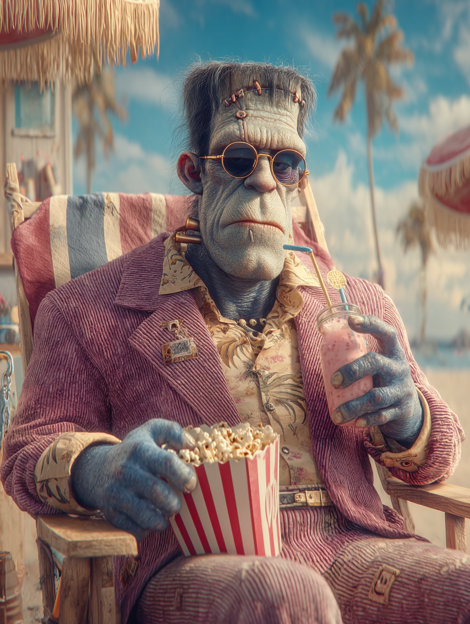Frankenstein Enjoying a Milkshake on the Beach