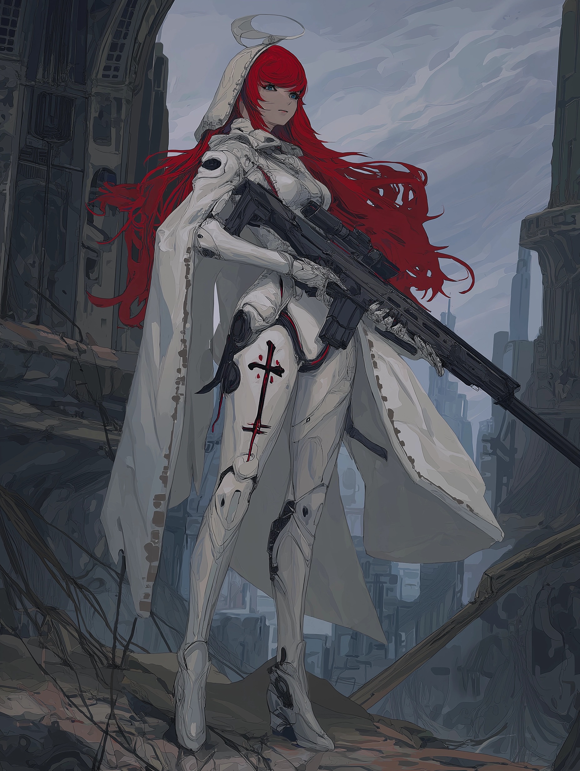 Futuristic Anime Soldier in Dark Megalopolis