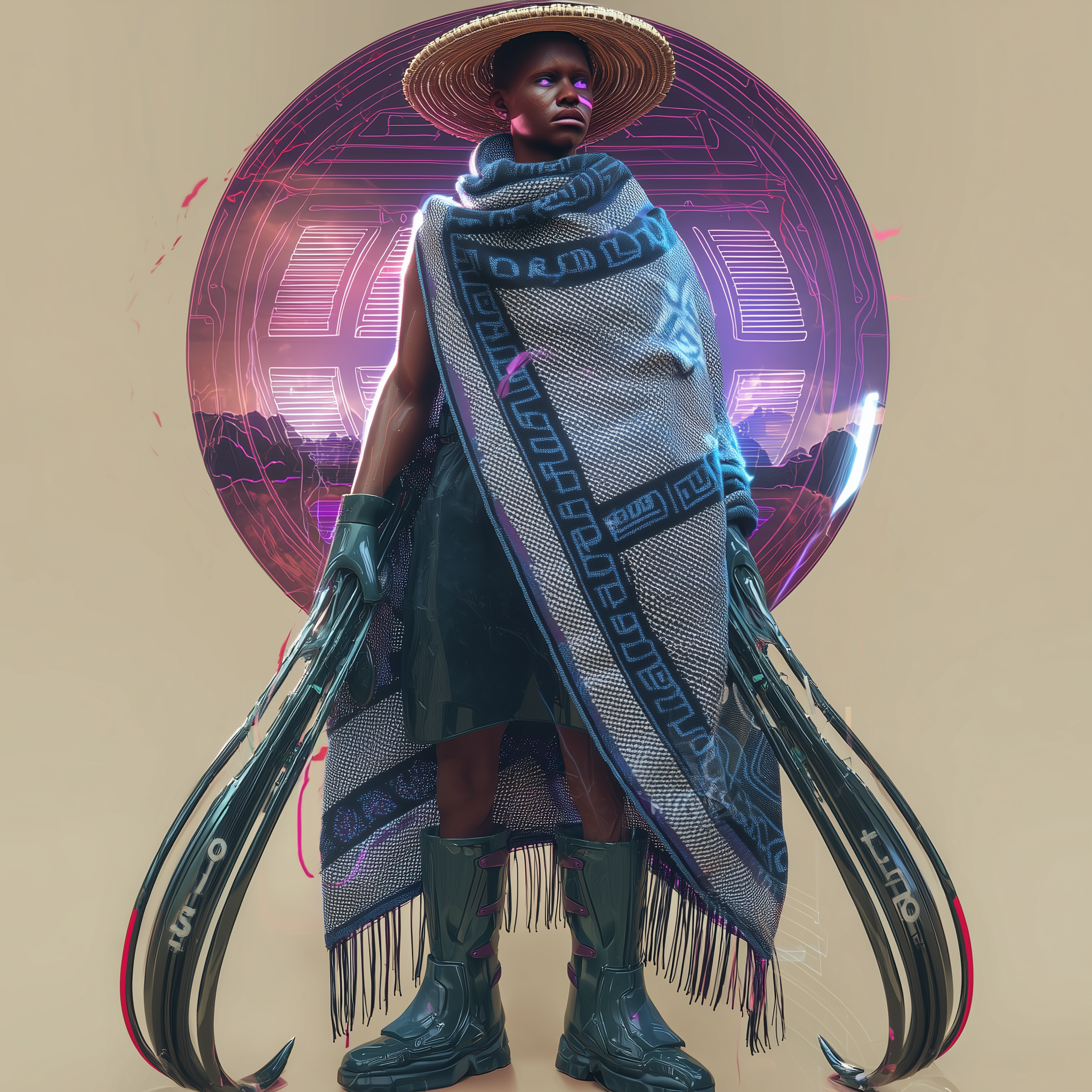 Futuristic Basotho Warrior in a Cyberpunk Landscape