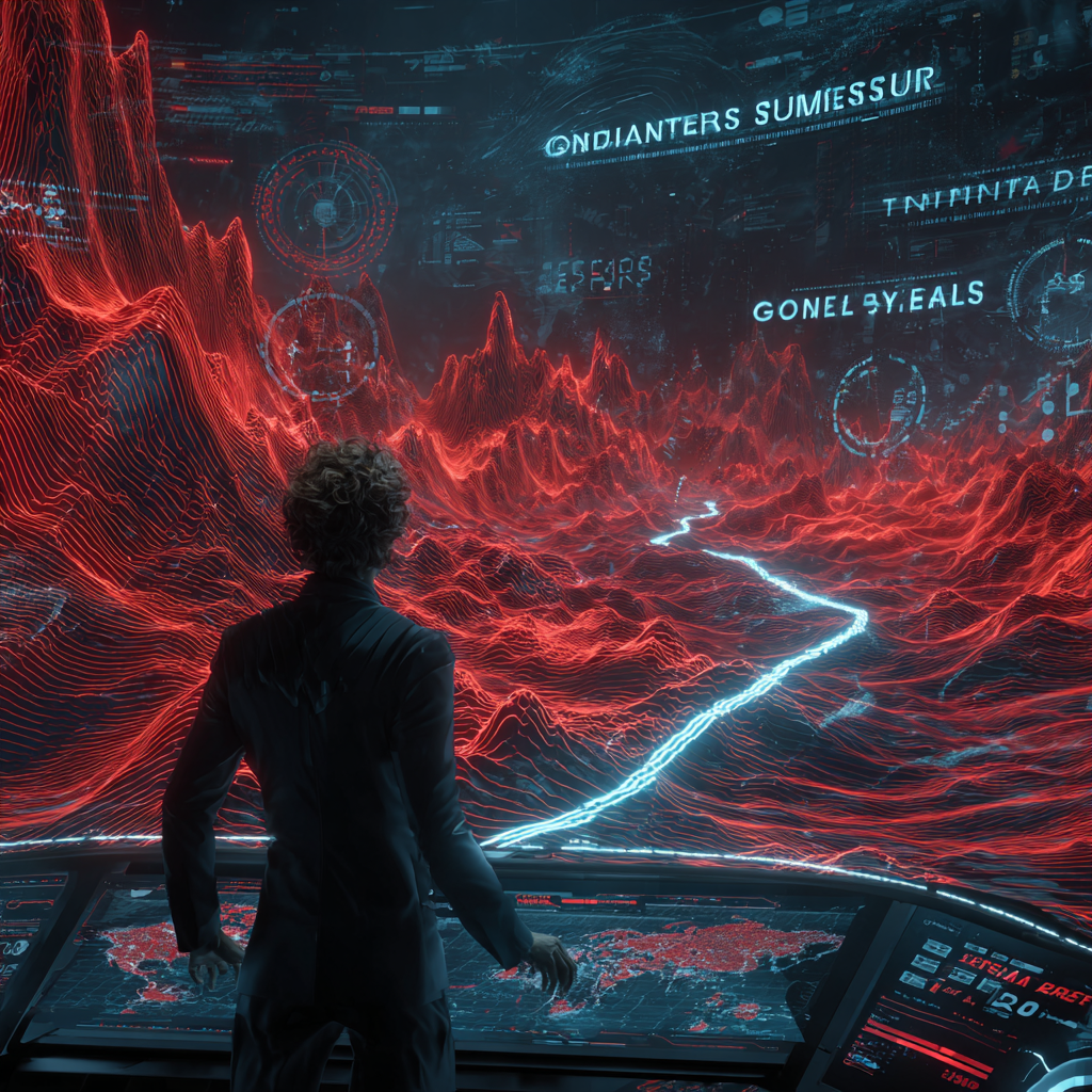 Futuristic Captain Navigates a Digital Sea of Data Streams