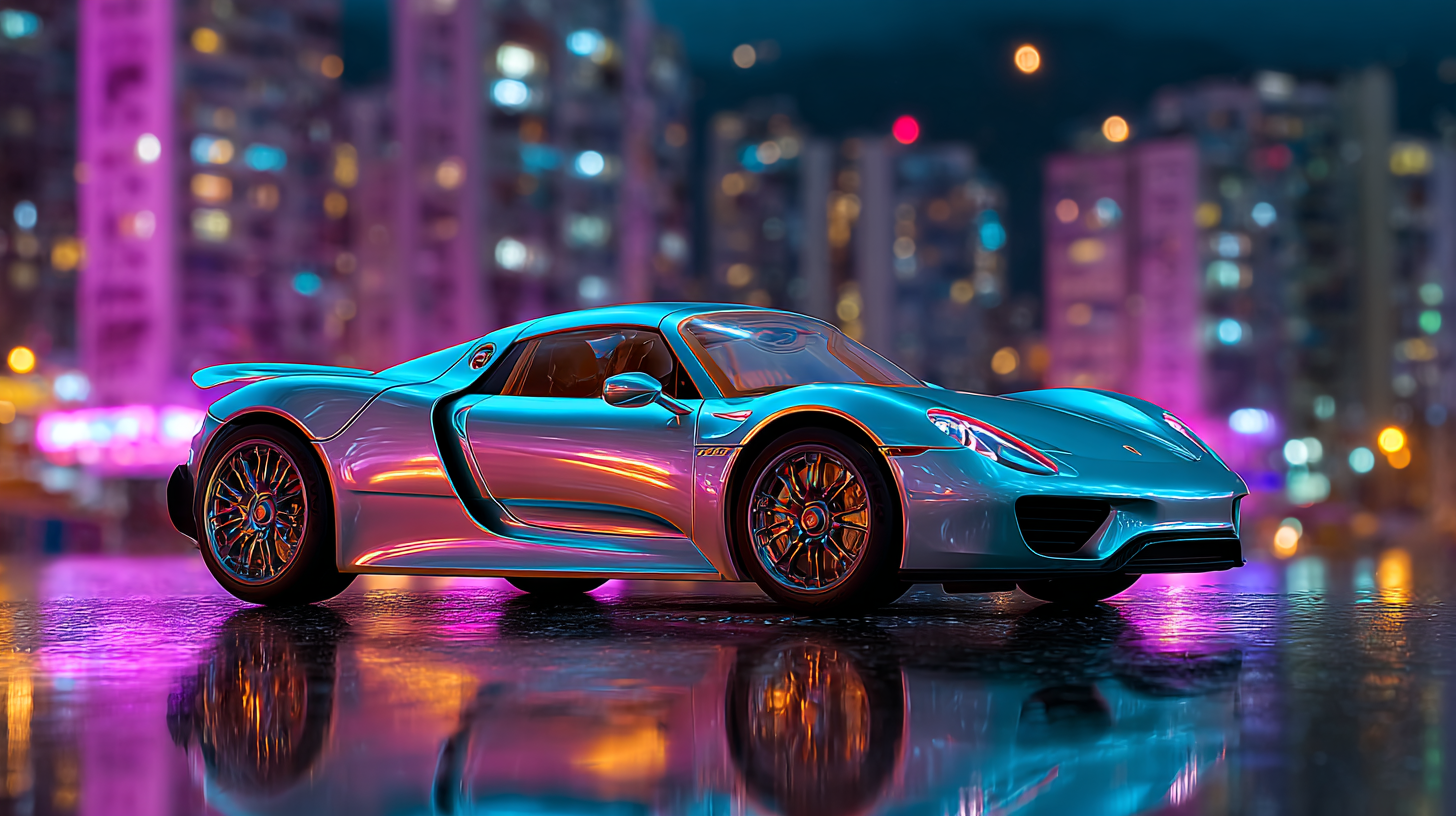 Futuristic Car with Neon Reflections in a Cyberpunk Setting