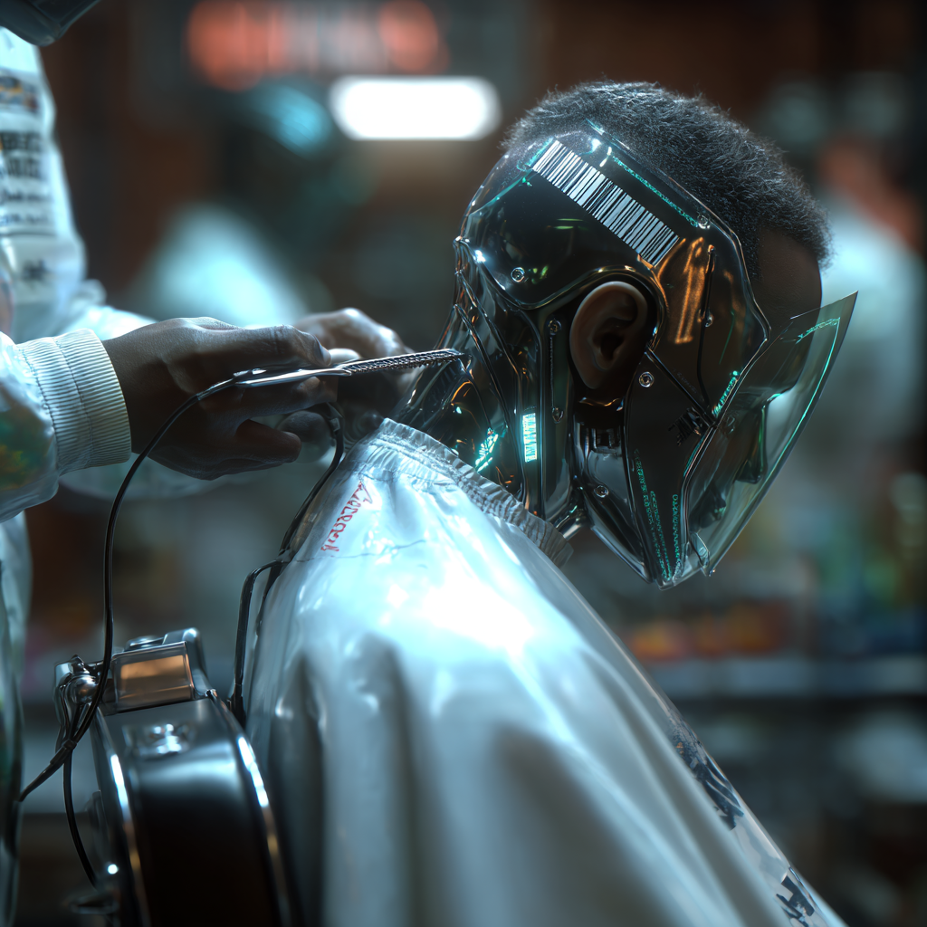 Futuristic Cyberpunk Barber Robot Giving a Sharp Line-Up