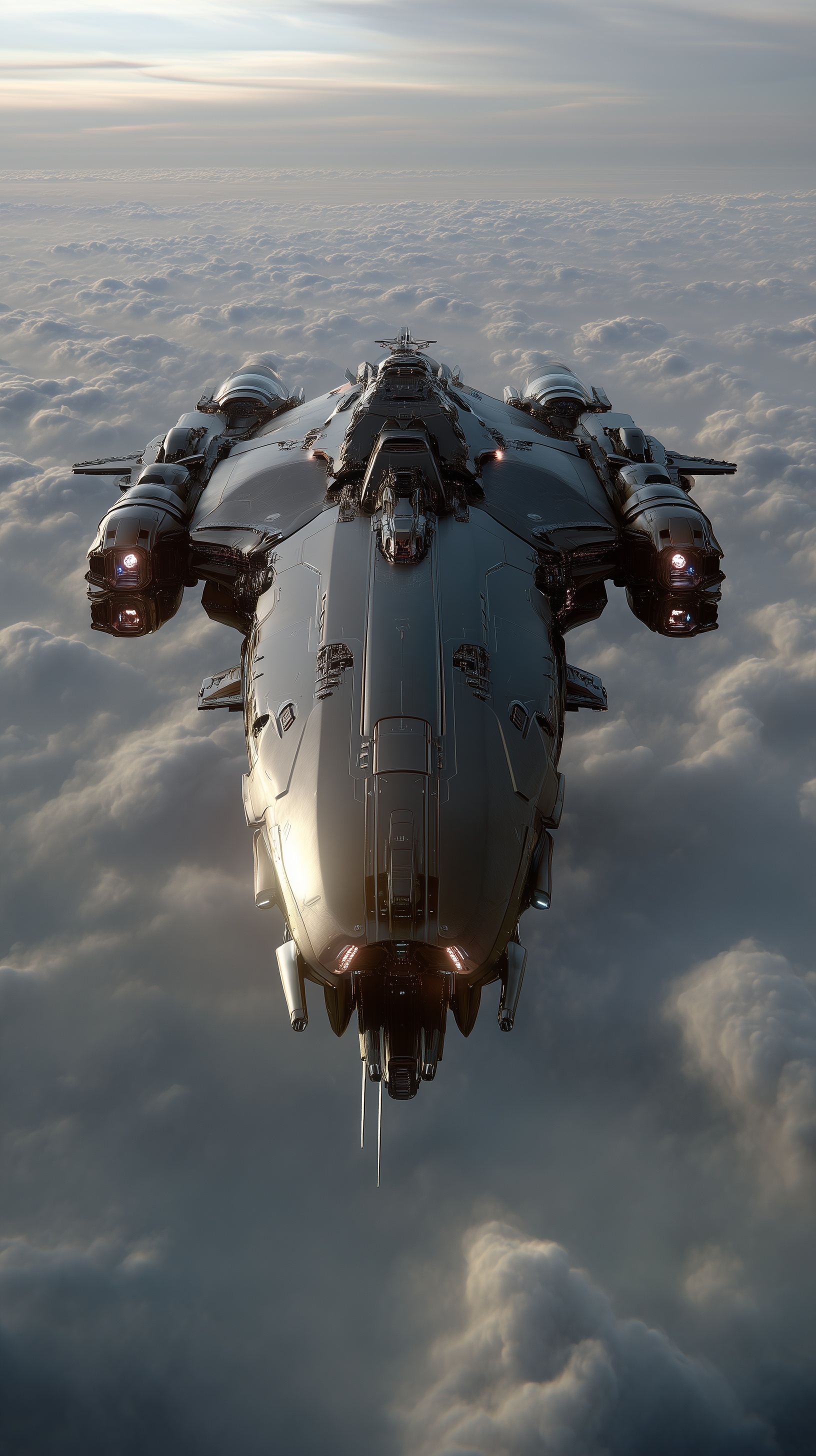 Futuristic Dark Spaceship: Monolithic Design Above Clouds