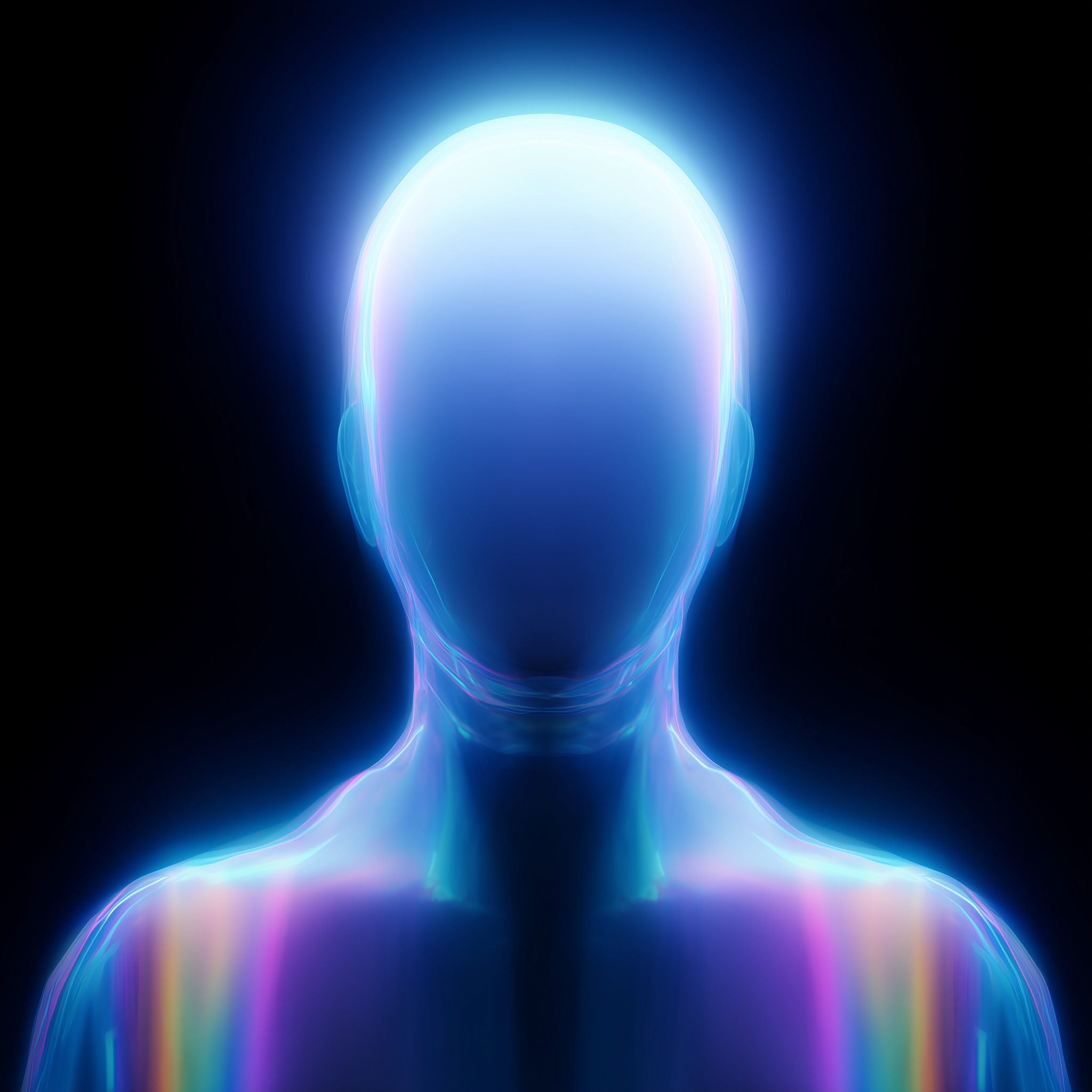 Luminous Neon Bust: Faceless Figure in Psychedelic Blue