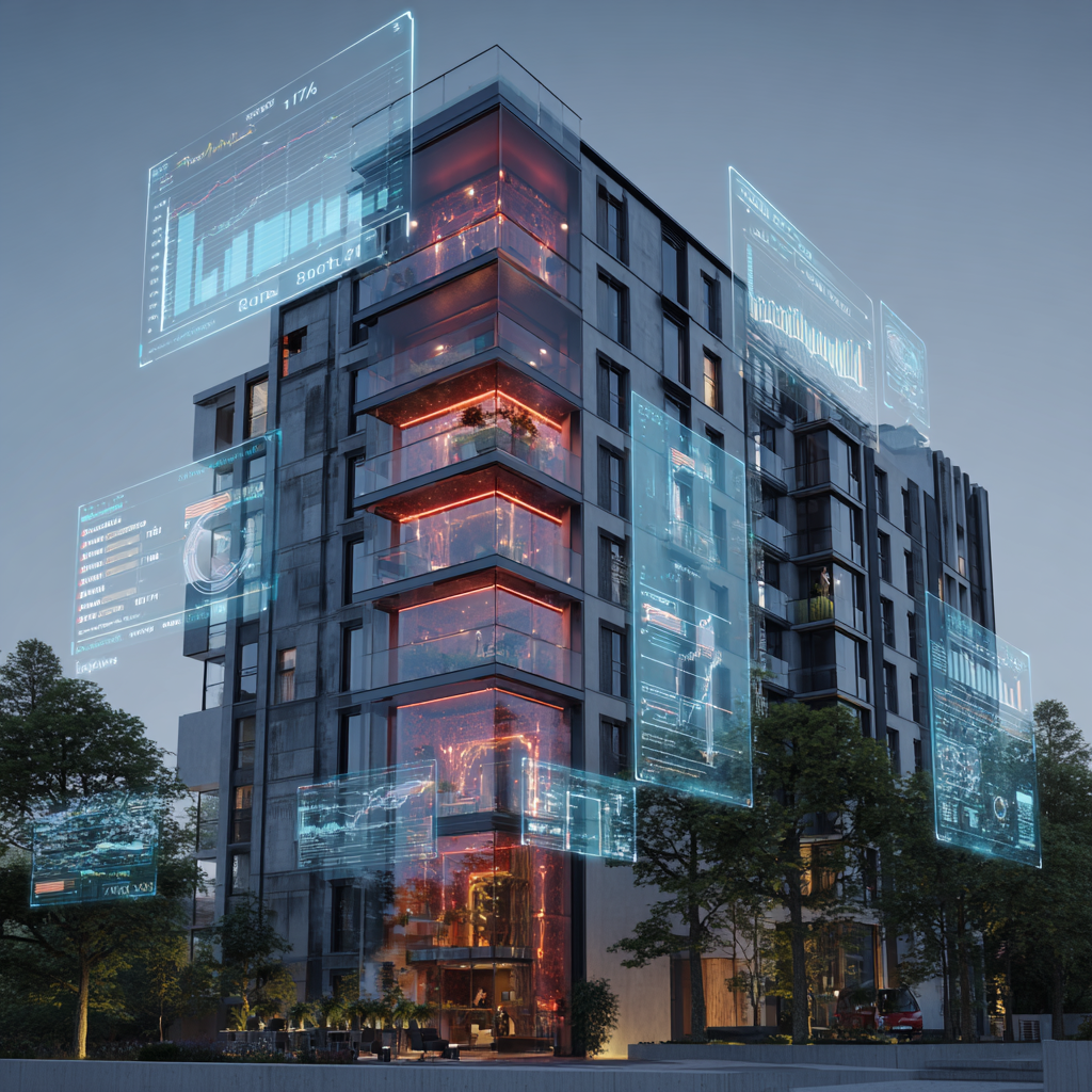 Futuristic Residential Building with Holographic Data Displays
