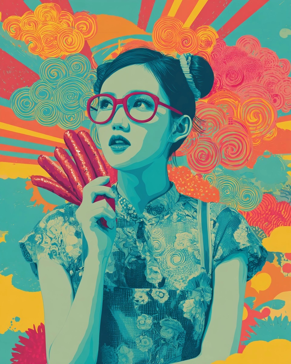 Futuristic Thai Woman Enjoys Kielbasa in Artful Design