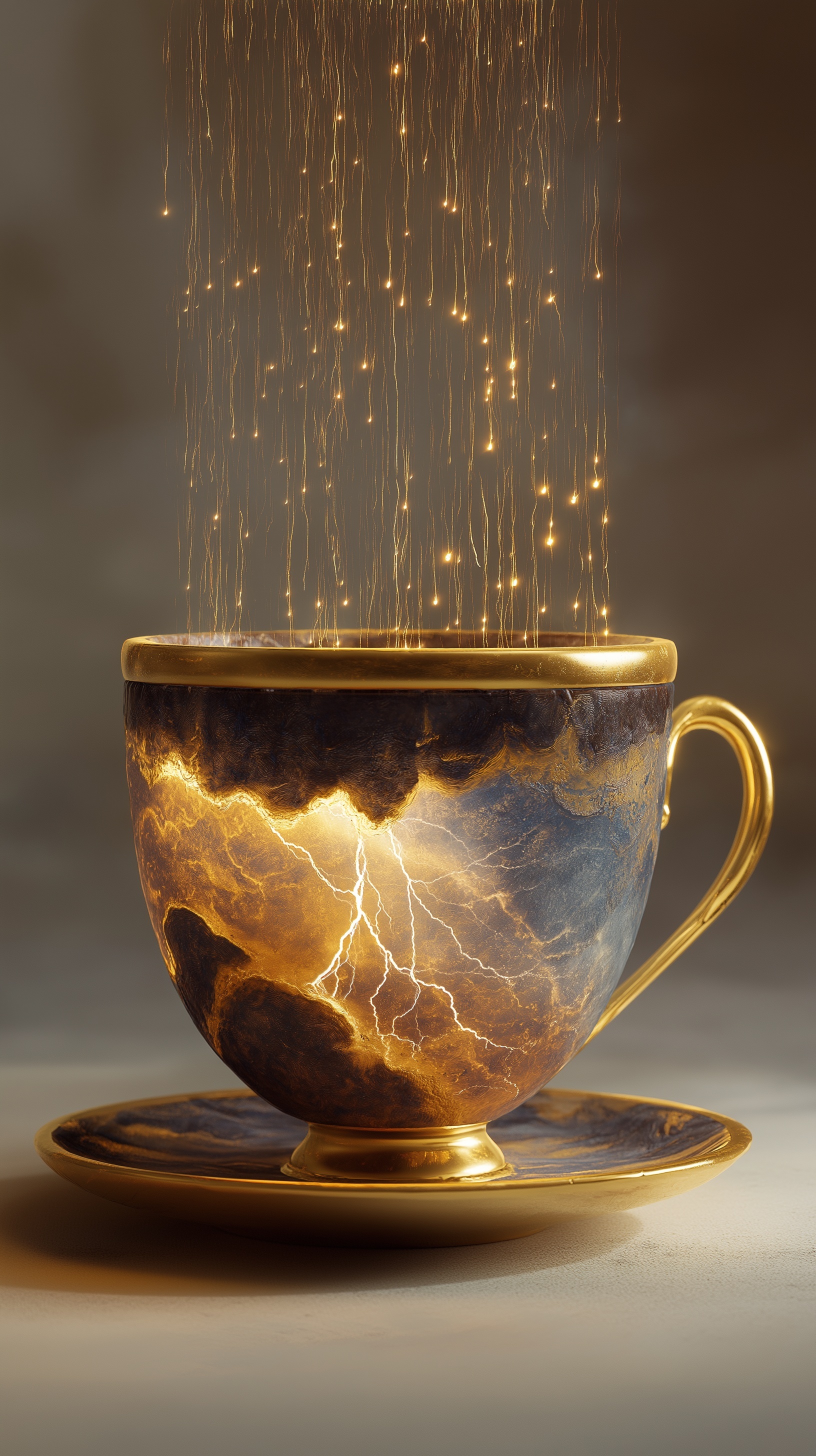 Golden Storm: A Surreal Coffee Cup Experience