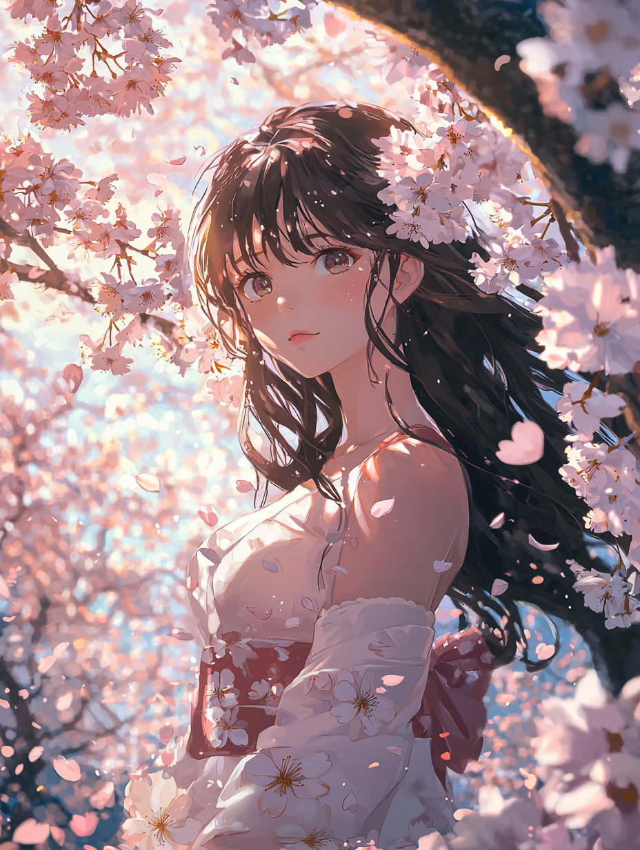 Graceful Anime Girl Beneath Cherry Blossoms