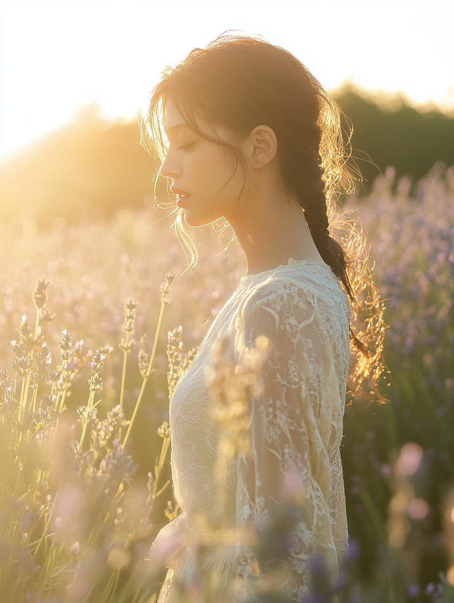 Graceful Woman in a Lavender Field at Sunrise