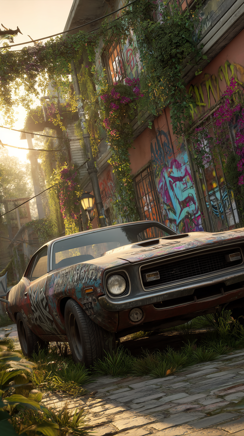 Graffiti Muscle Car Racing Through Overgrown Urban Streets