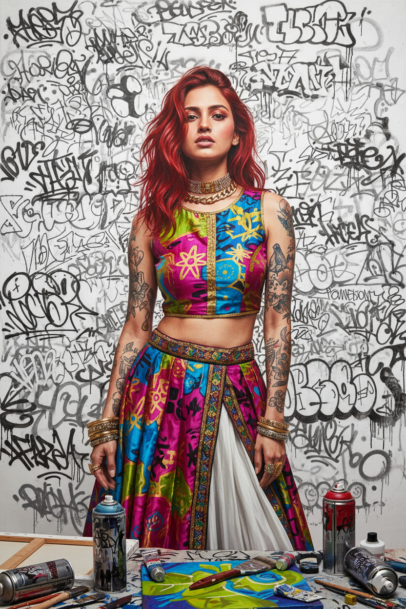 Silk Graffiti Portrait: Confident Woman with Art Supplies