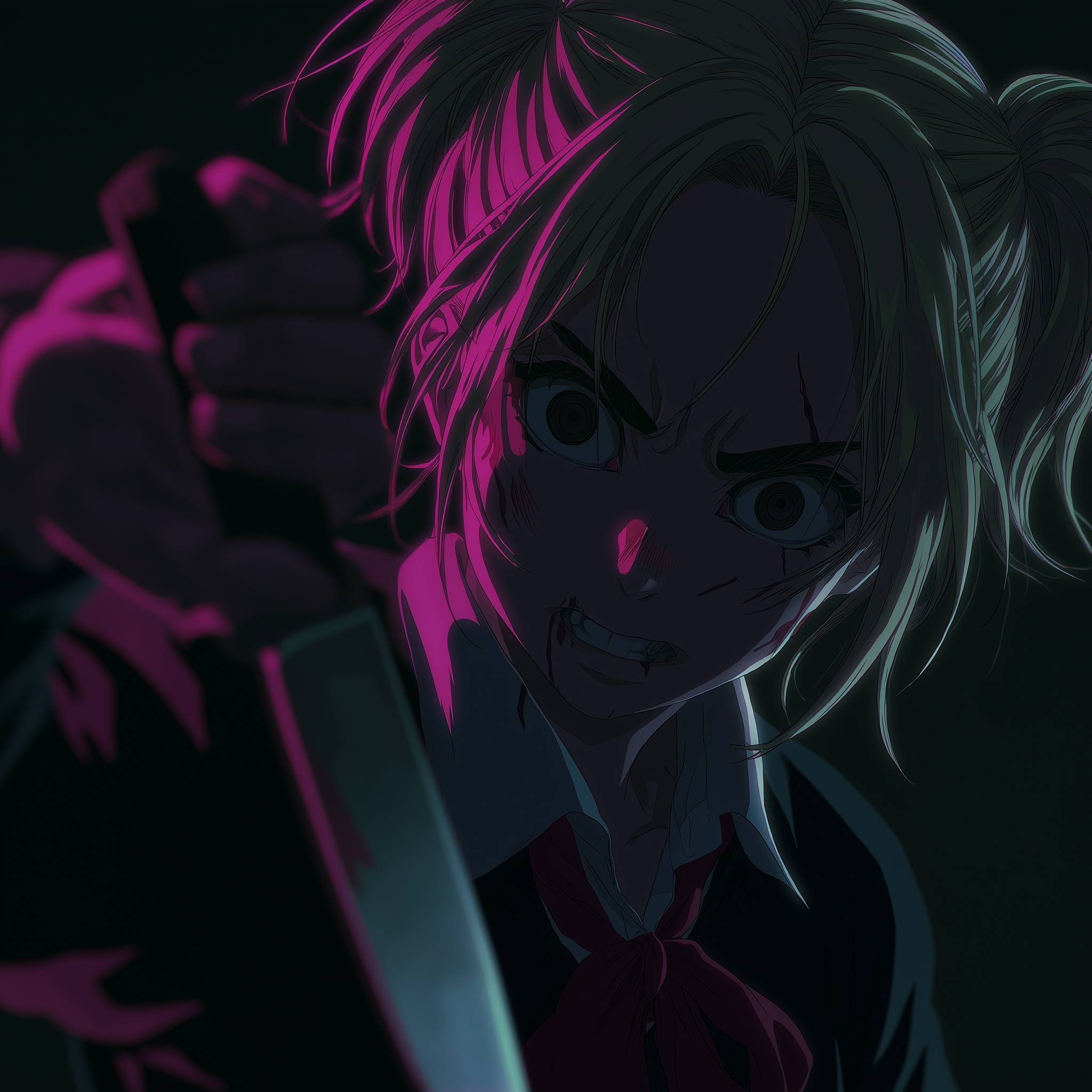 Haunting Anime Character with Knife in Dark Setting