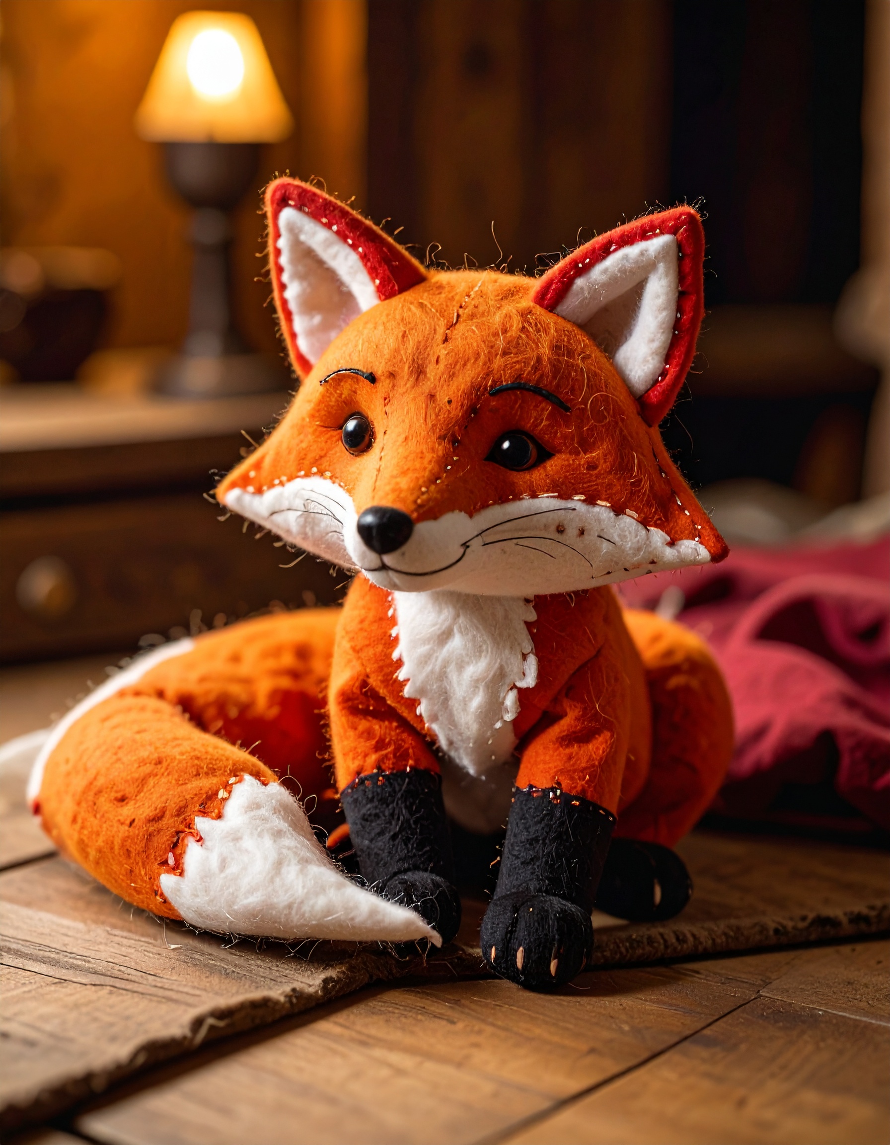Highly detailed felt puppet of a fox, crafted from soft textured felt with embroidered edges and simple stitched facial features. Displayed against a clean neutral background or set within a handcraft