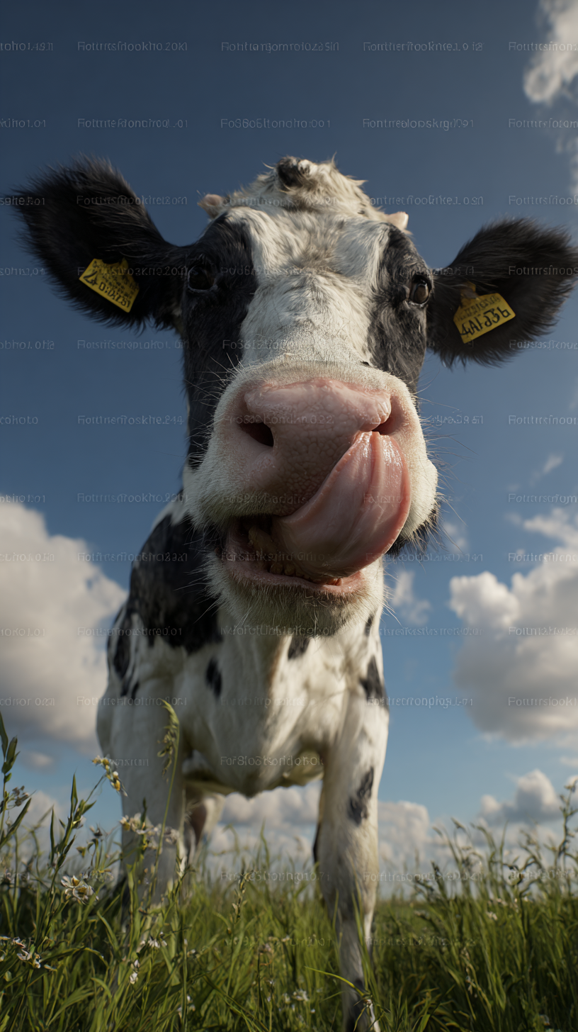 Holstein Cow Licking Its Nose in a Sunny Pasture
