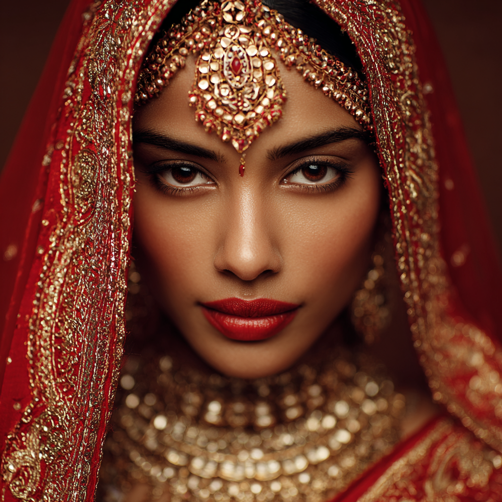 Hyper Realistic Close-Up Portrait of Indian Bride in Red Silk Saree
