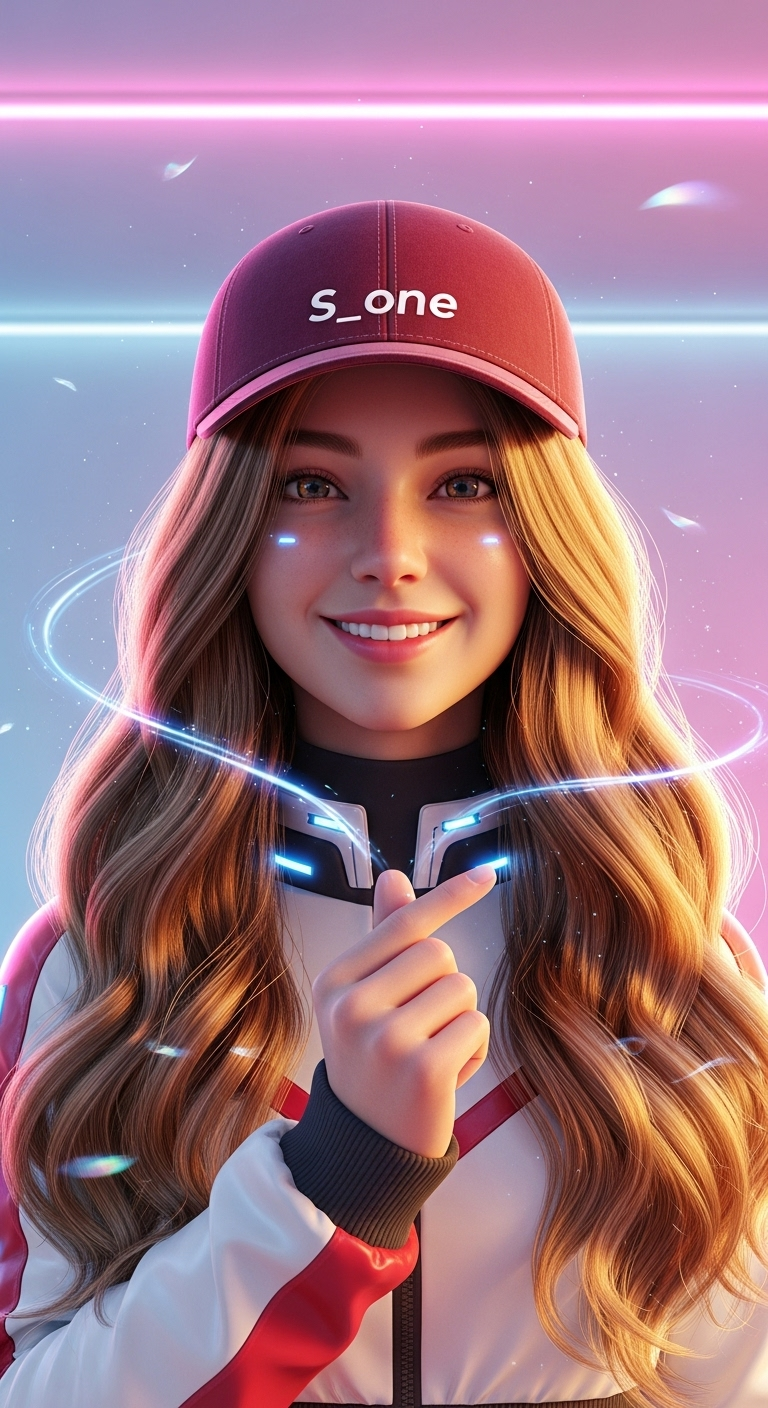 Wavy-Haired Digital Girl: Celestial Light and Magical Gestures