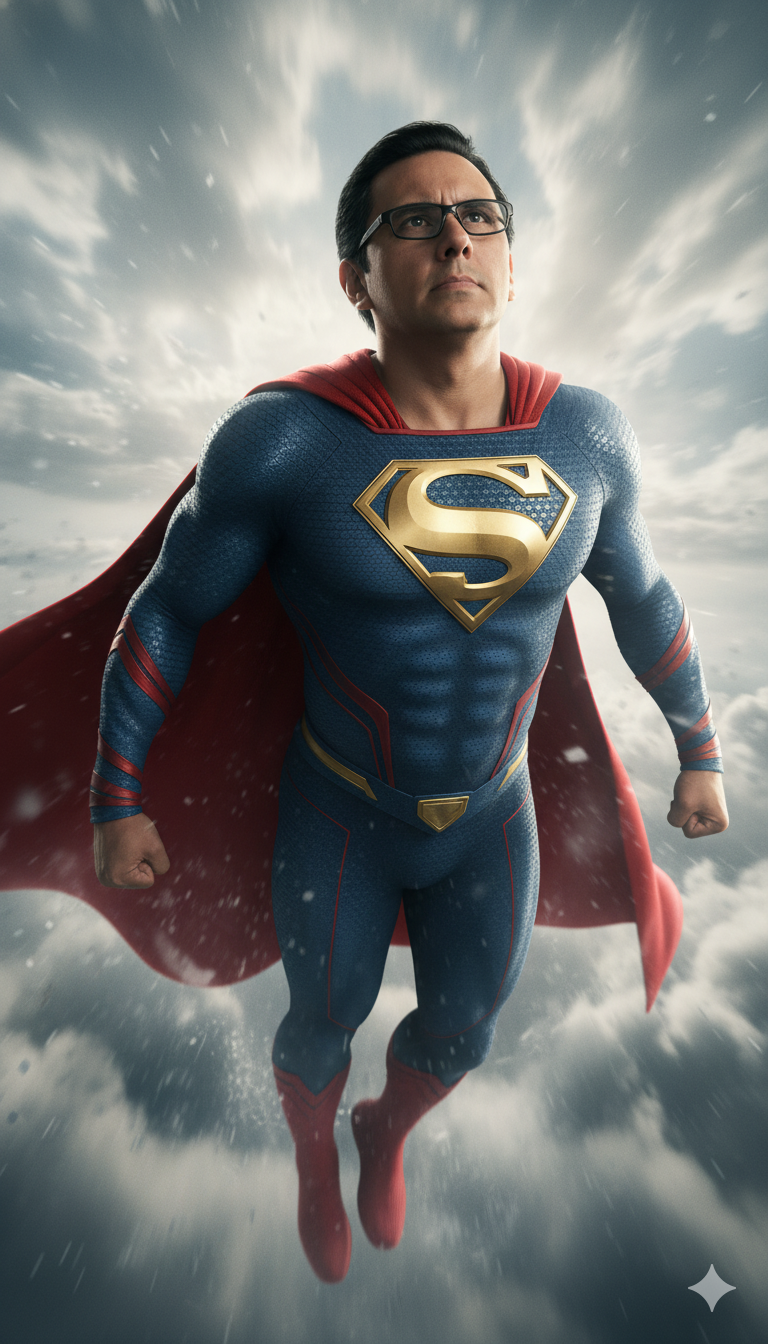 Hyper-Realistic 8K Image: Superhero Soaring in Sky
