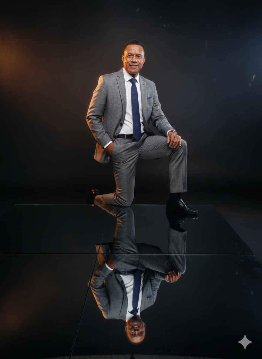 Stylish Dual Reflection Portrait: Gray Checkered Suit
