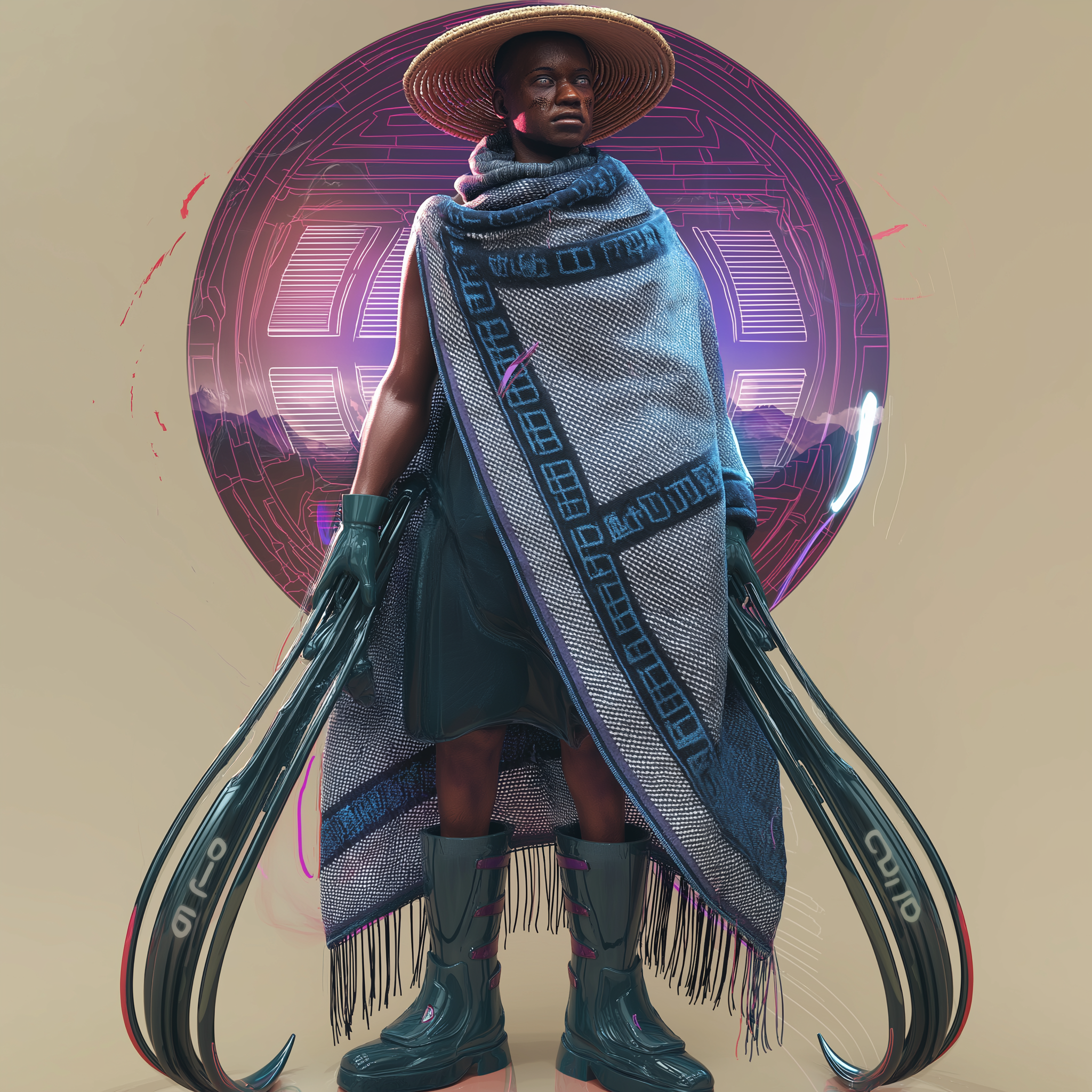 Intense Basotho Warrior in a Cyberpunk Landscape