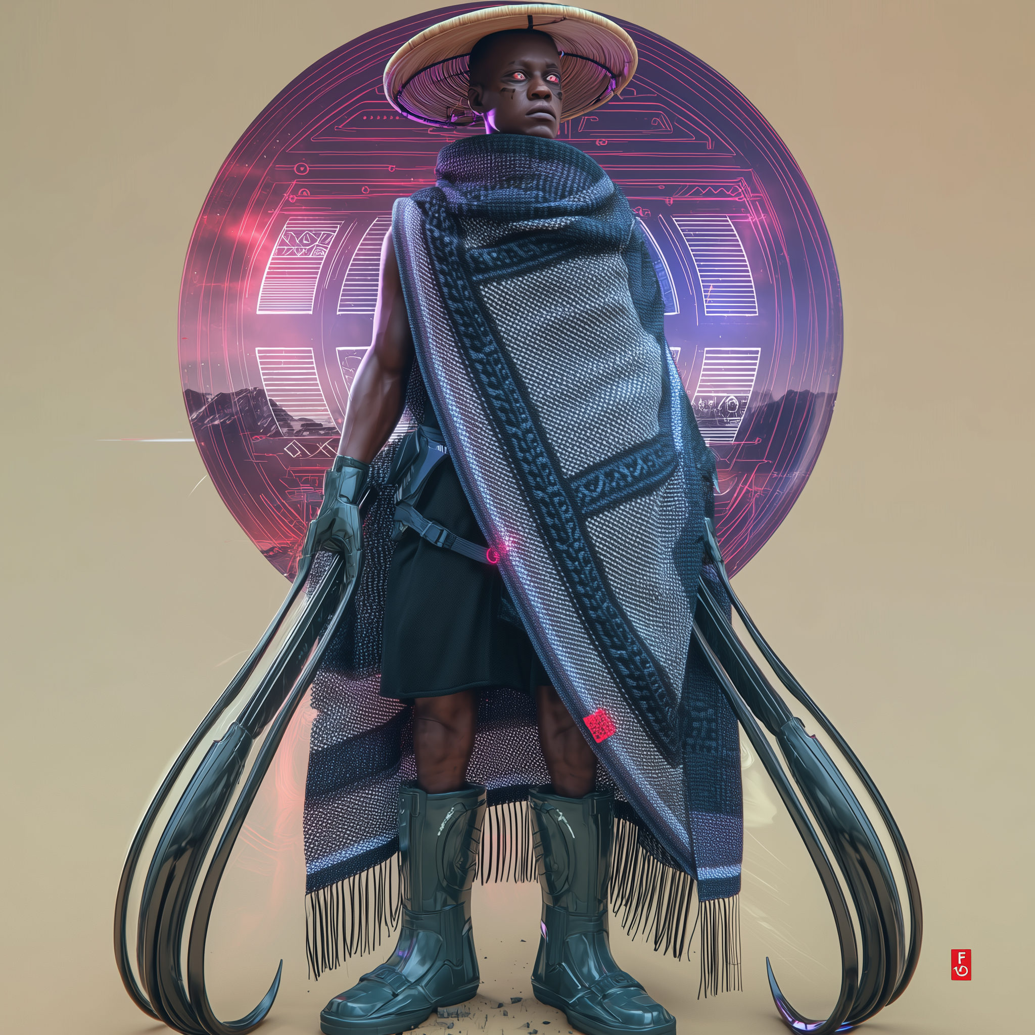 Intense Basotho Warrior in an Afrofuturistic Landscape