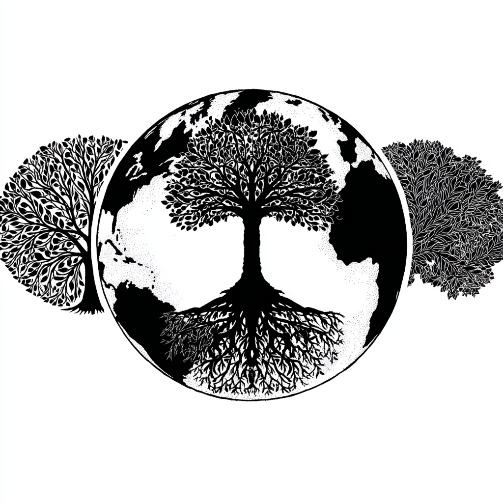 Intricate Black-and-White Circular Tree and World Map Illustration
