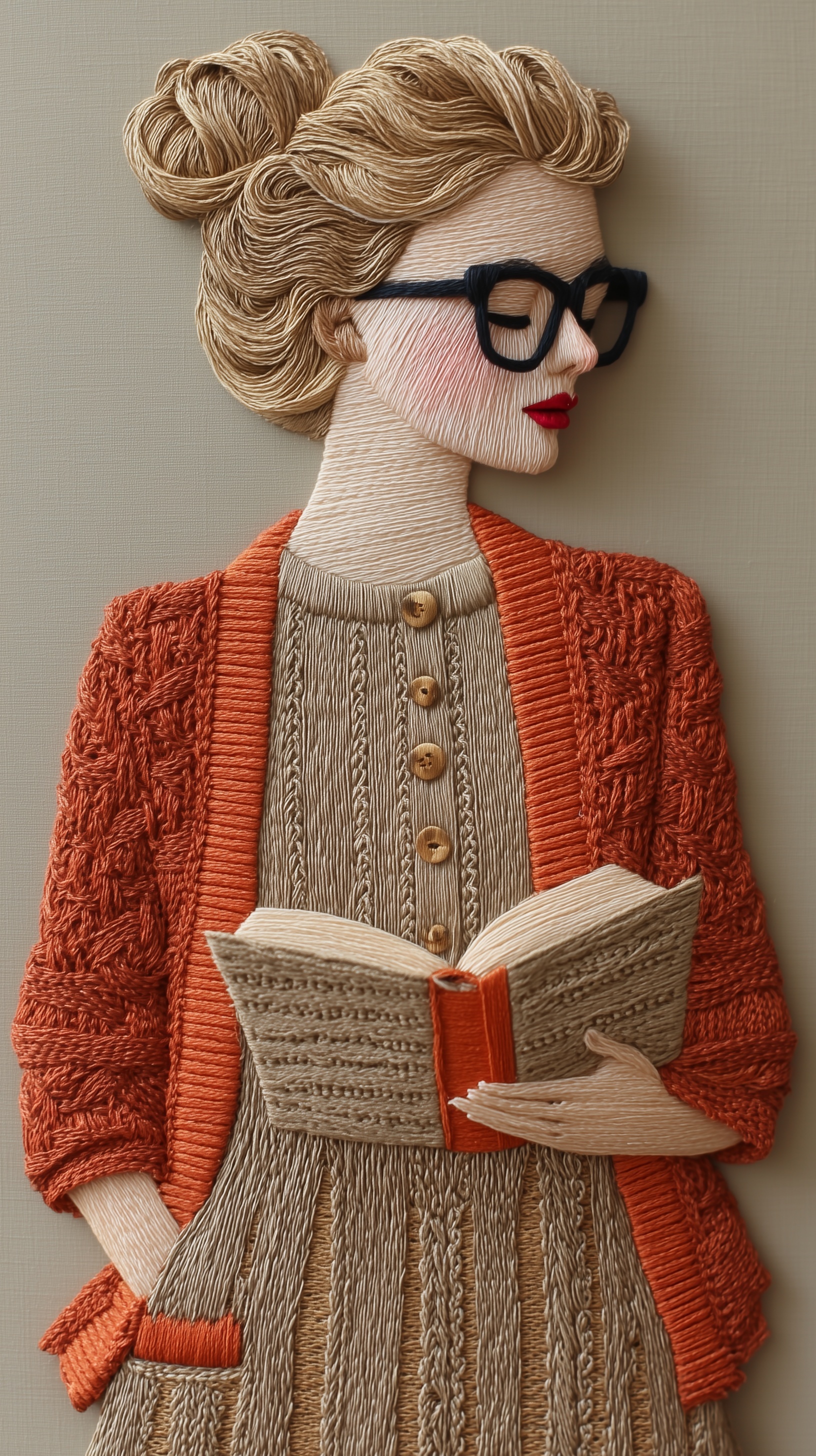 Intricate Textile Art: Young Woman Reading