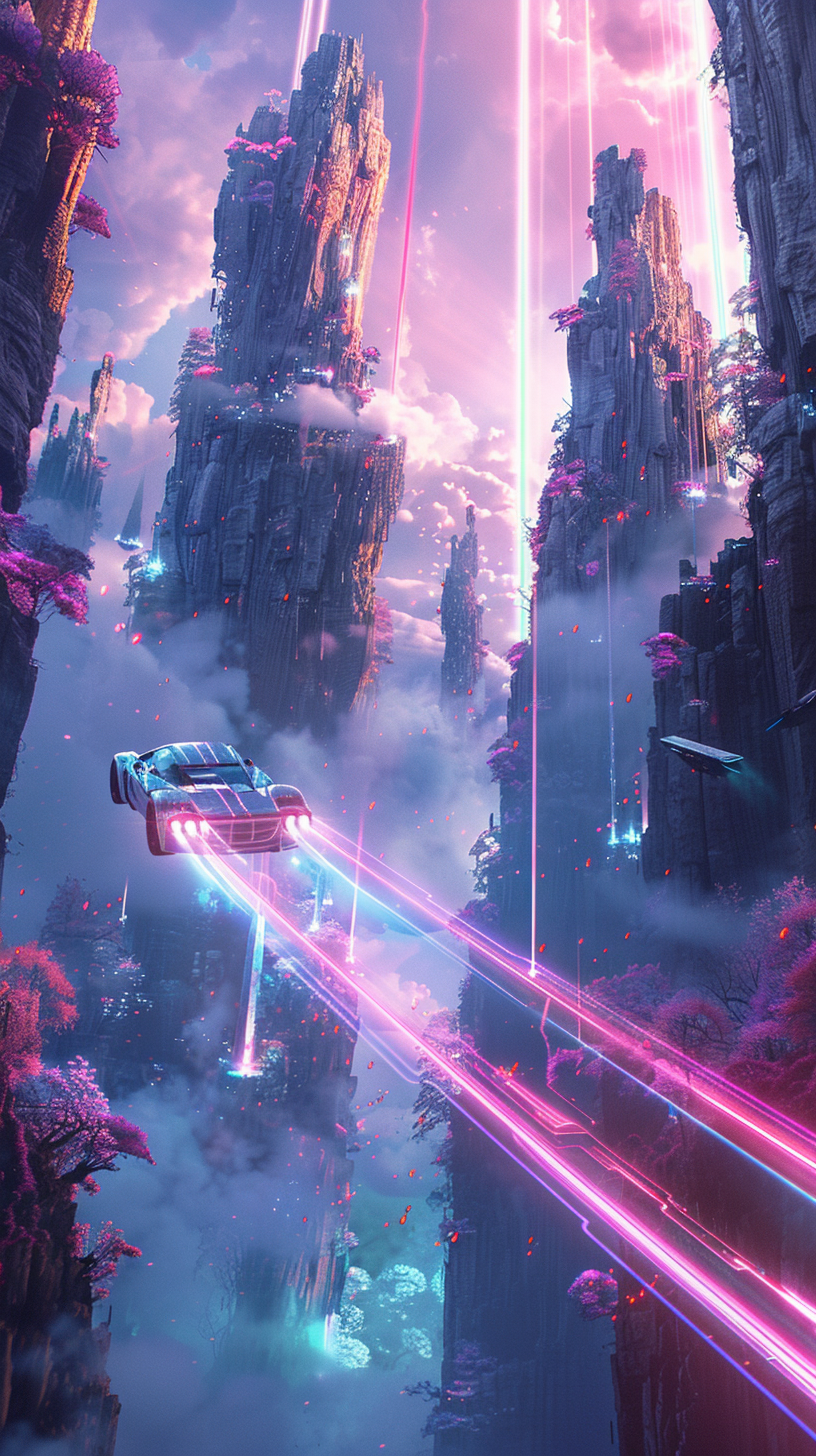 Iridescent Levitating Car Among Bioluminescent Floating Islands