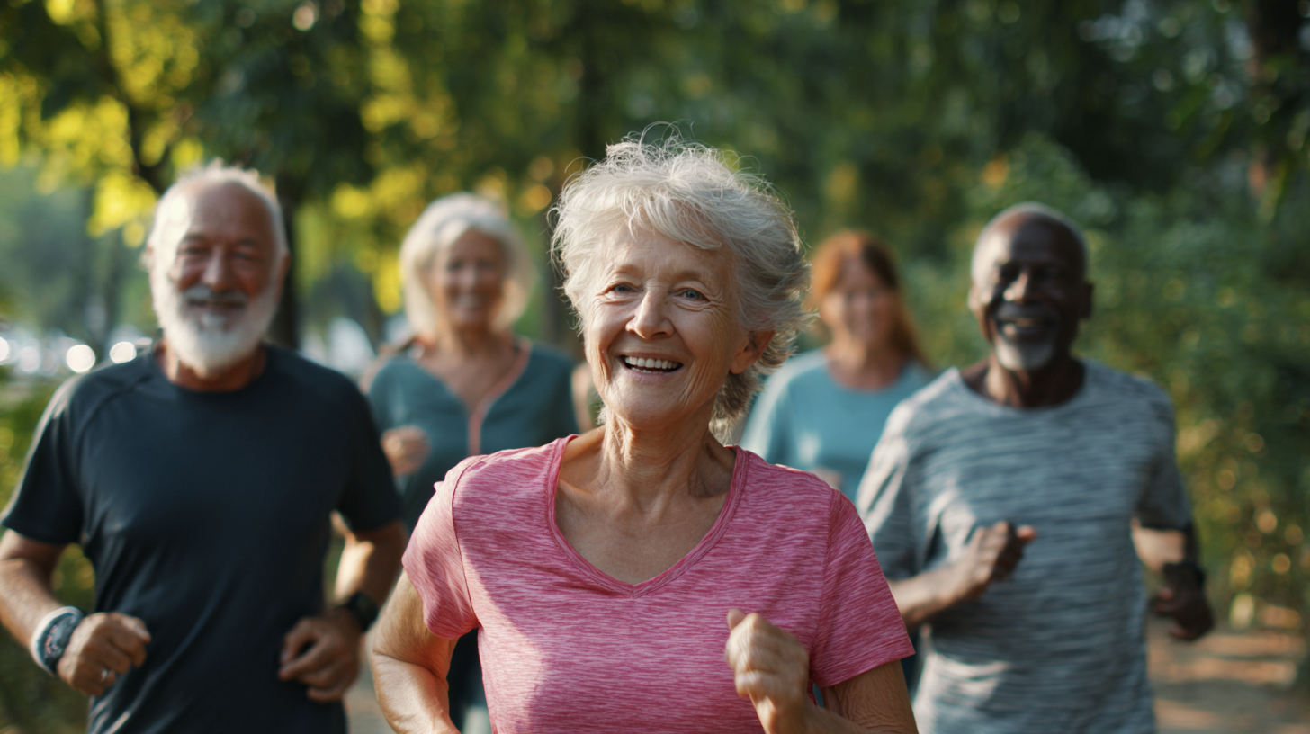 Joyful Seniors Jogging in Sunlit Park