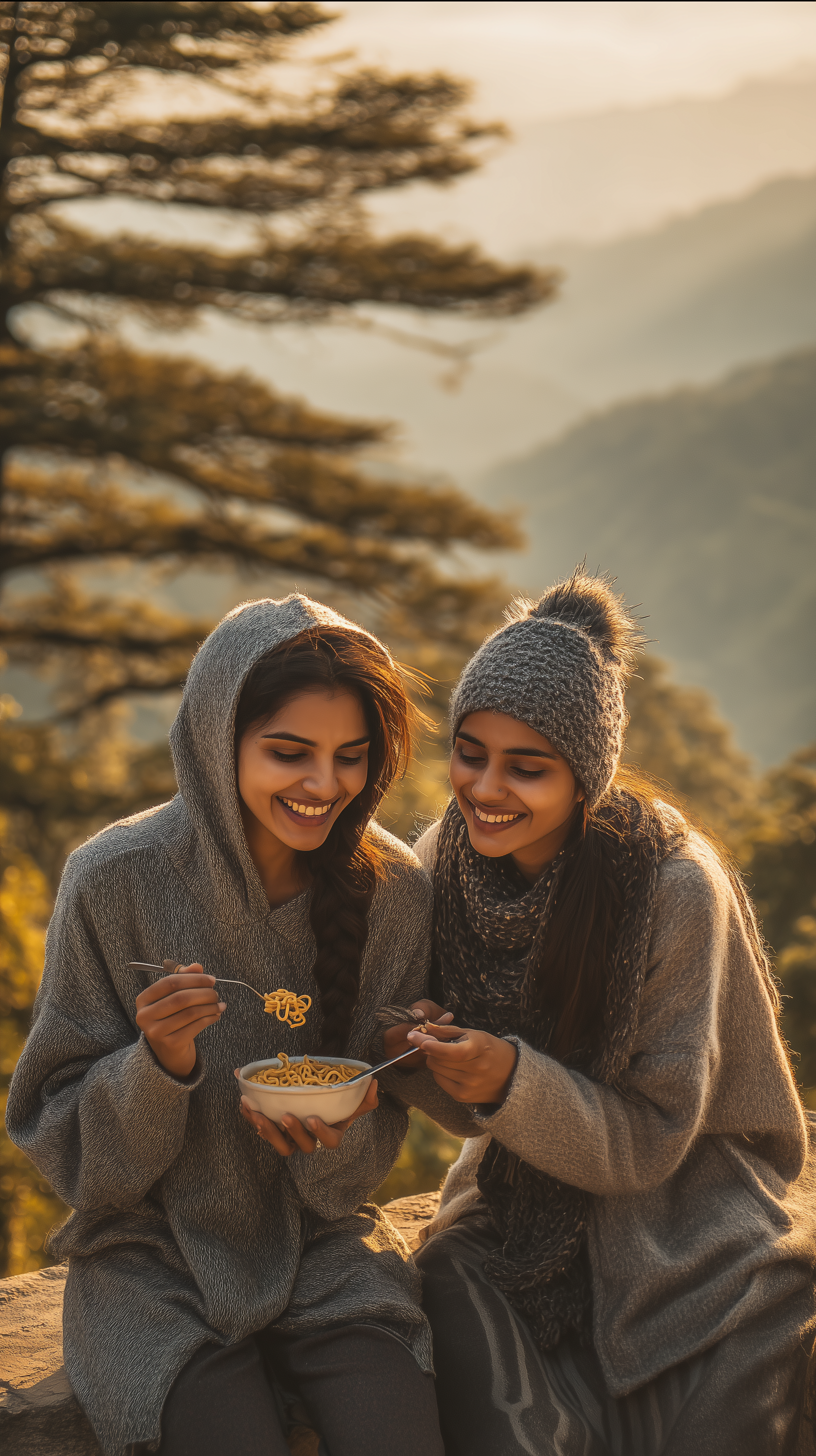 Joyful Winter Moments: Sharing Maggi Noodles at a Hill Station