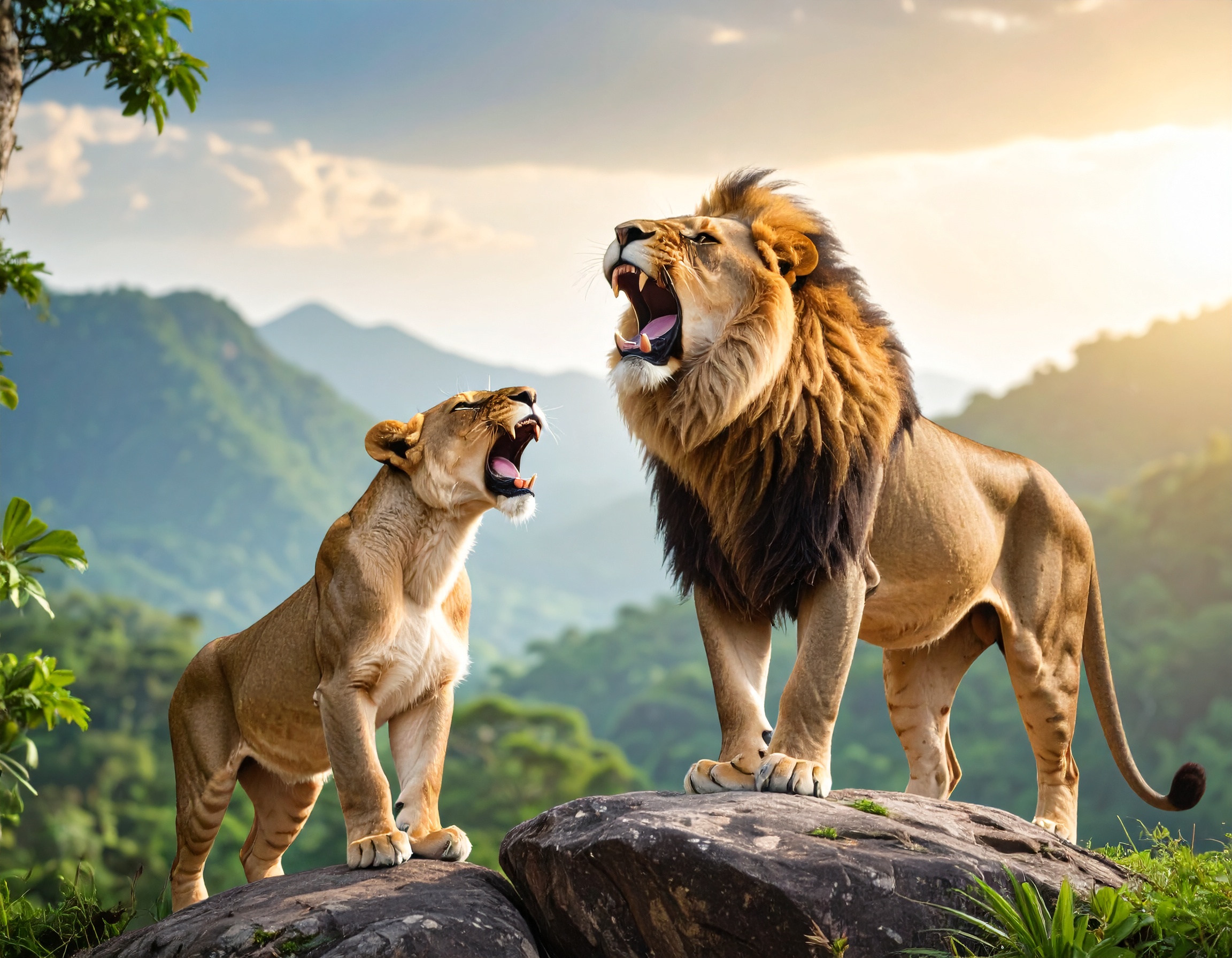 Lion and Cub Roaring on Mountain