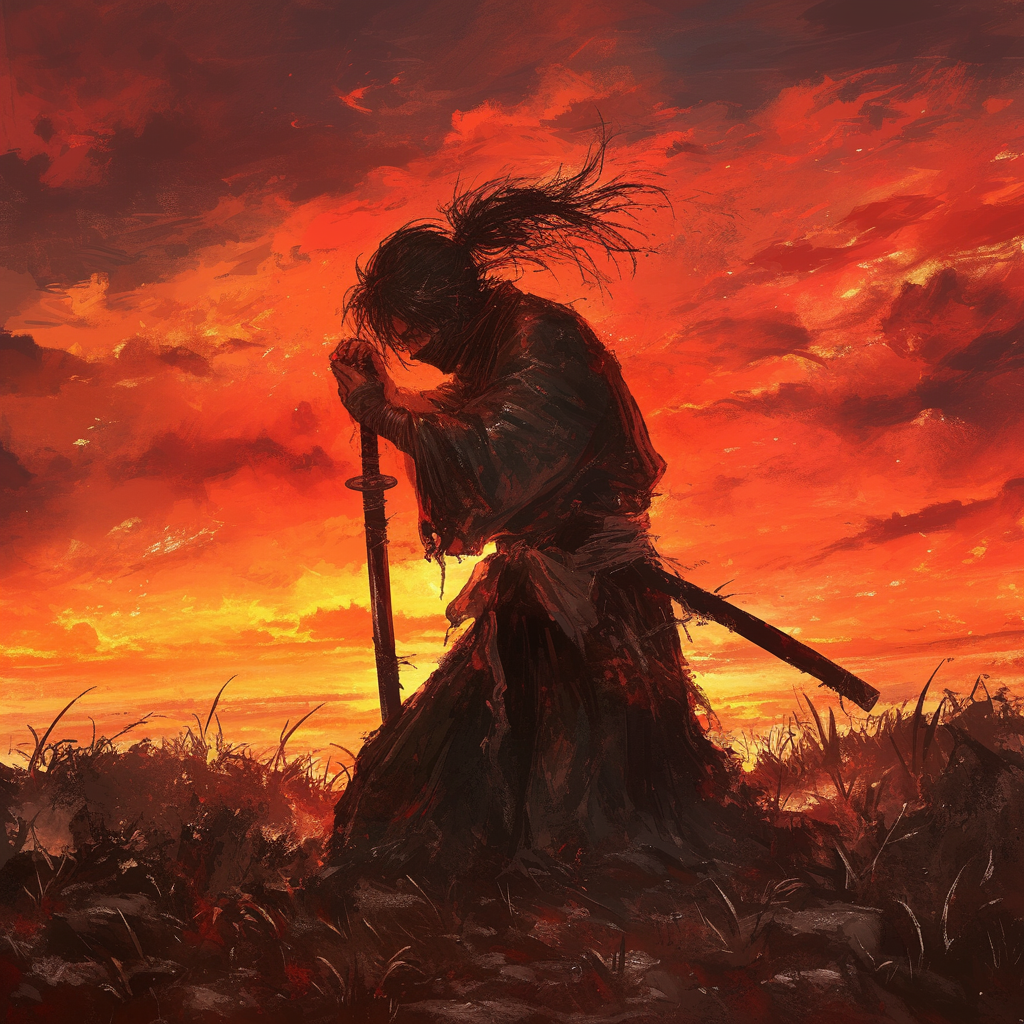 Lone Samurai in Prayer on a Desolate Battlefield