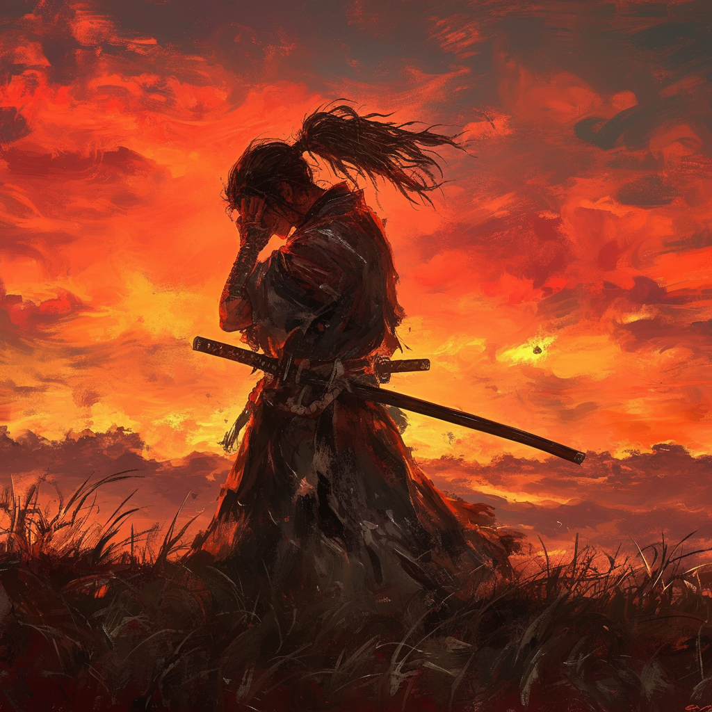 Lone Samurai in Prayer on a Desolate Battlefield at Sunset