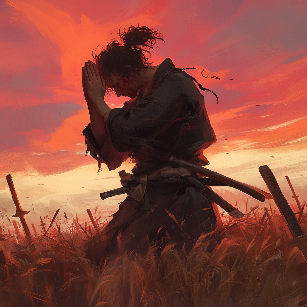 Lone Samurai in Solemn Prayer on a Desolate Battlefield at Sunset