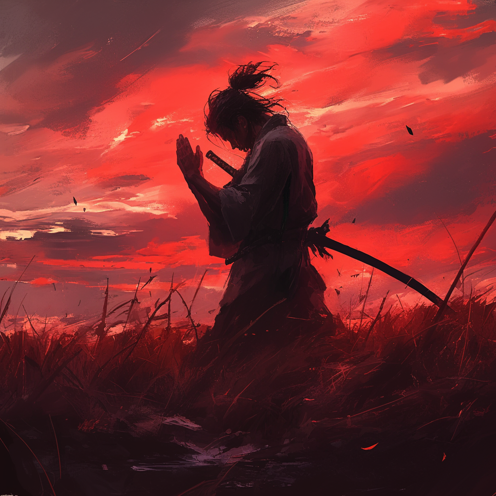 Lone Samurai Praying on a Battlefield at Sunset