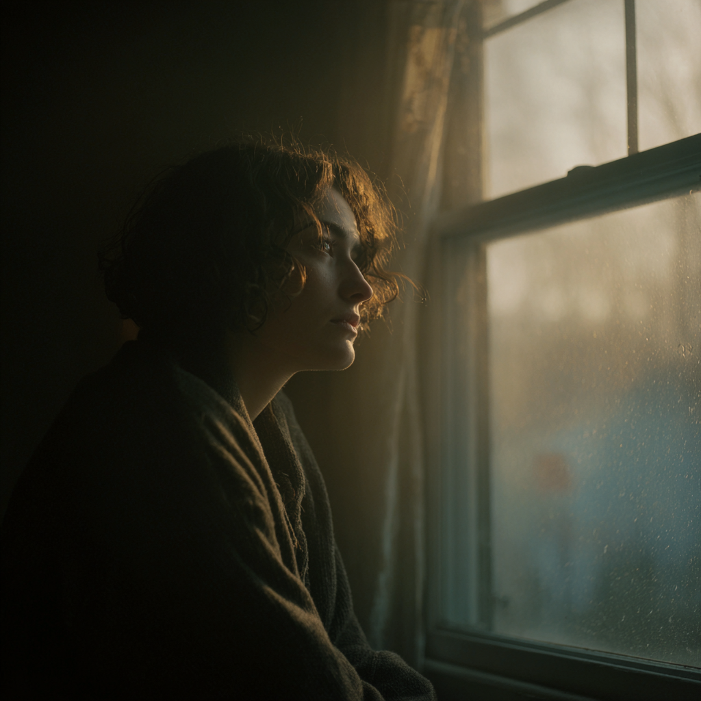Lonely Person Gazing Out a Window in Soft Morning Light