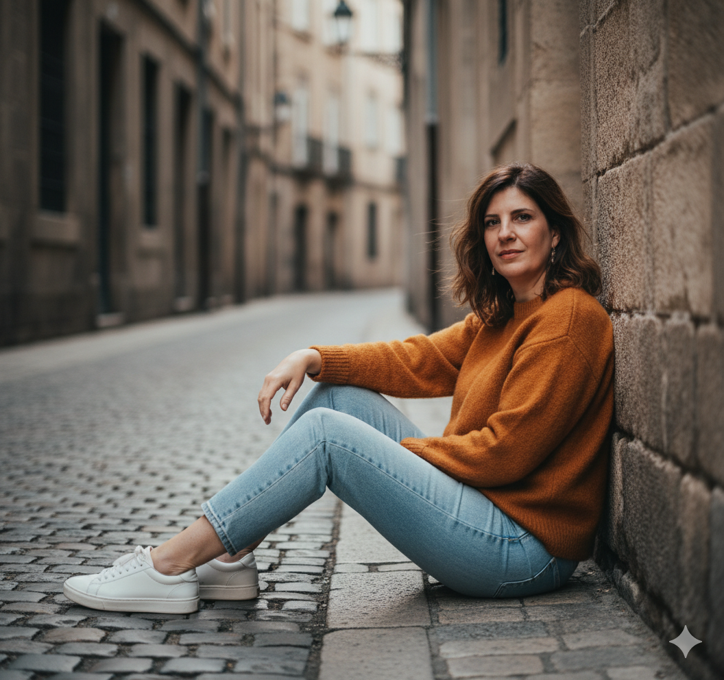 European Urban Vibe: Woman Sitting Casually