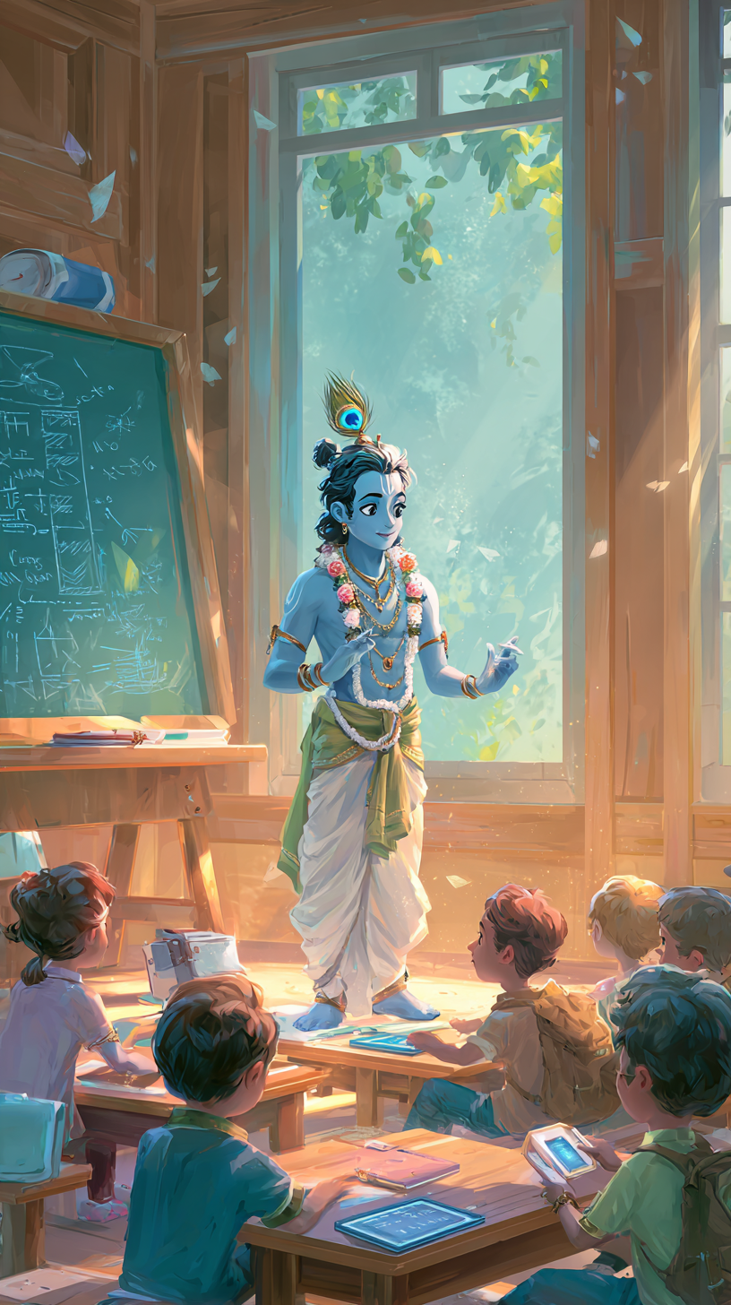 Lord Krishna Teaching in a Modern Classroom