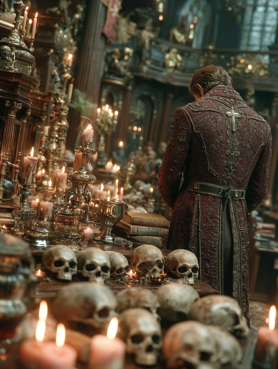 Low Angle Shot of a Sinister Priest Amidst Burning Church and Skulls