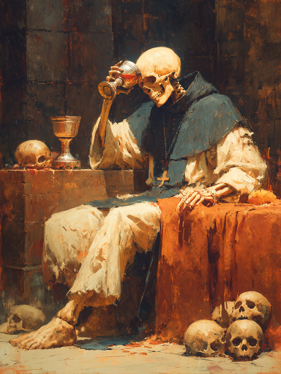 Macabre Communion: A Skeleton Priest in a Ruined Church
